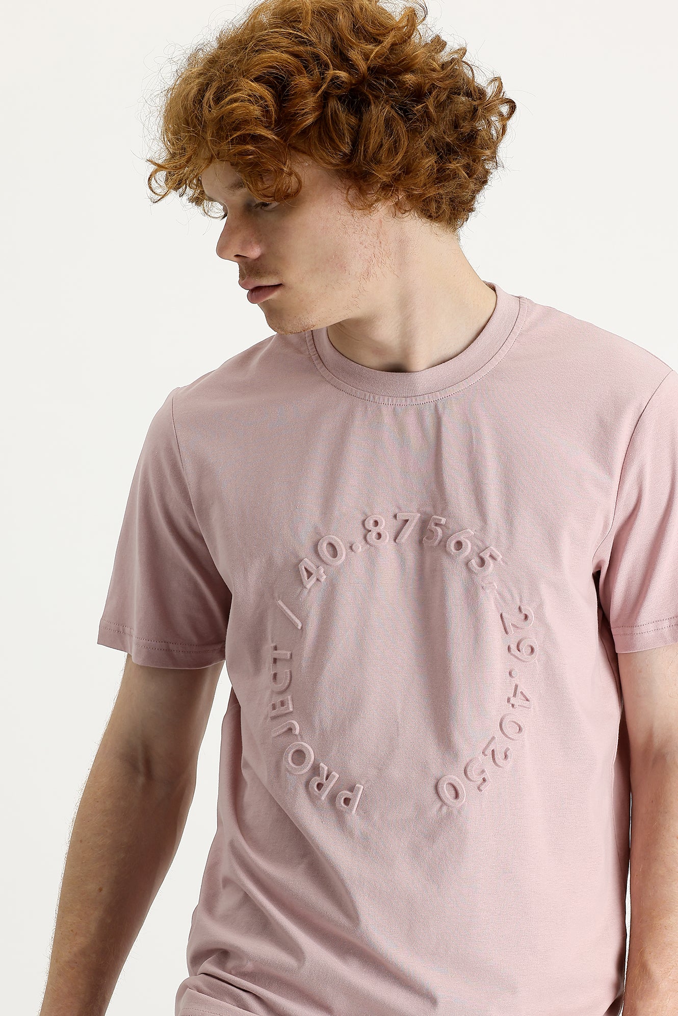 Orta Pembe Bisiklet Yaka Slim Fit Dar Kesim Baskılı Pamuk Tişört - Image 2