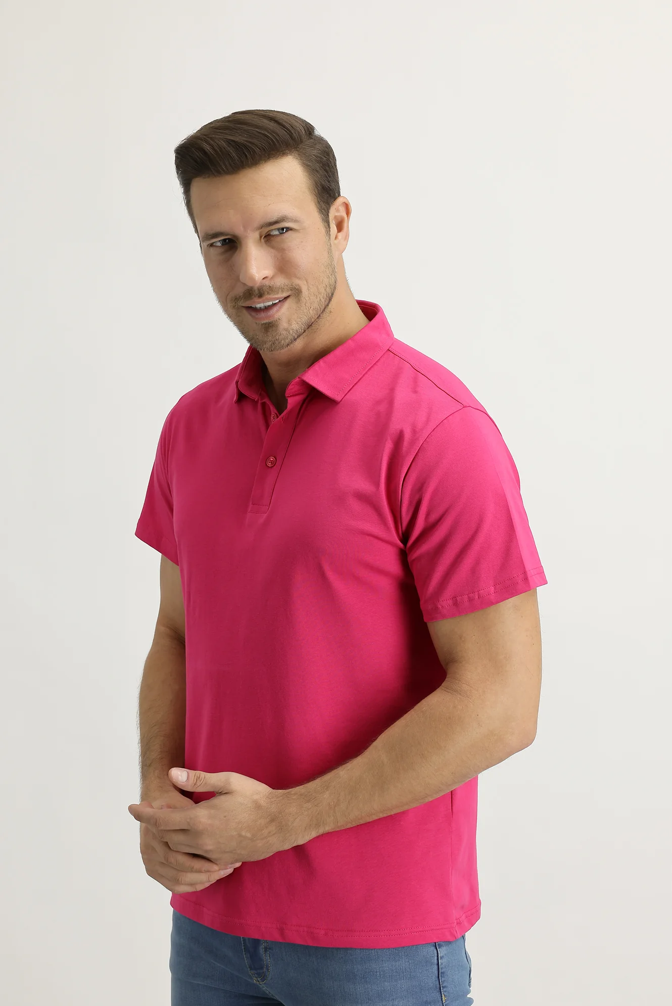 Orta Pembe Polo Yaka Regular Fit Pamuk Tişört - Image 2