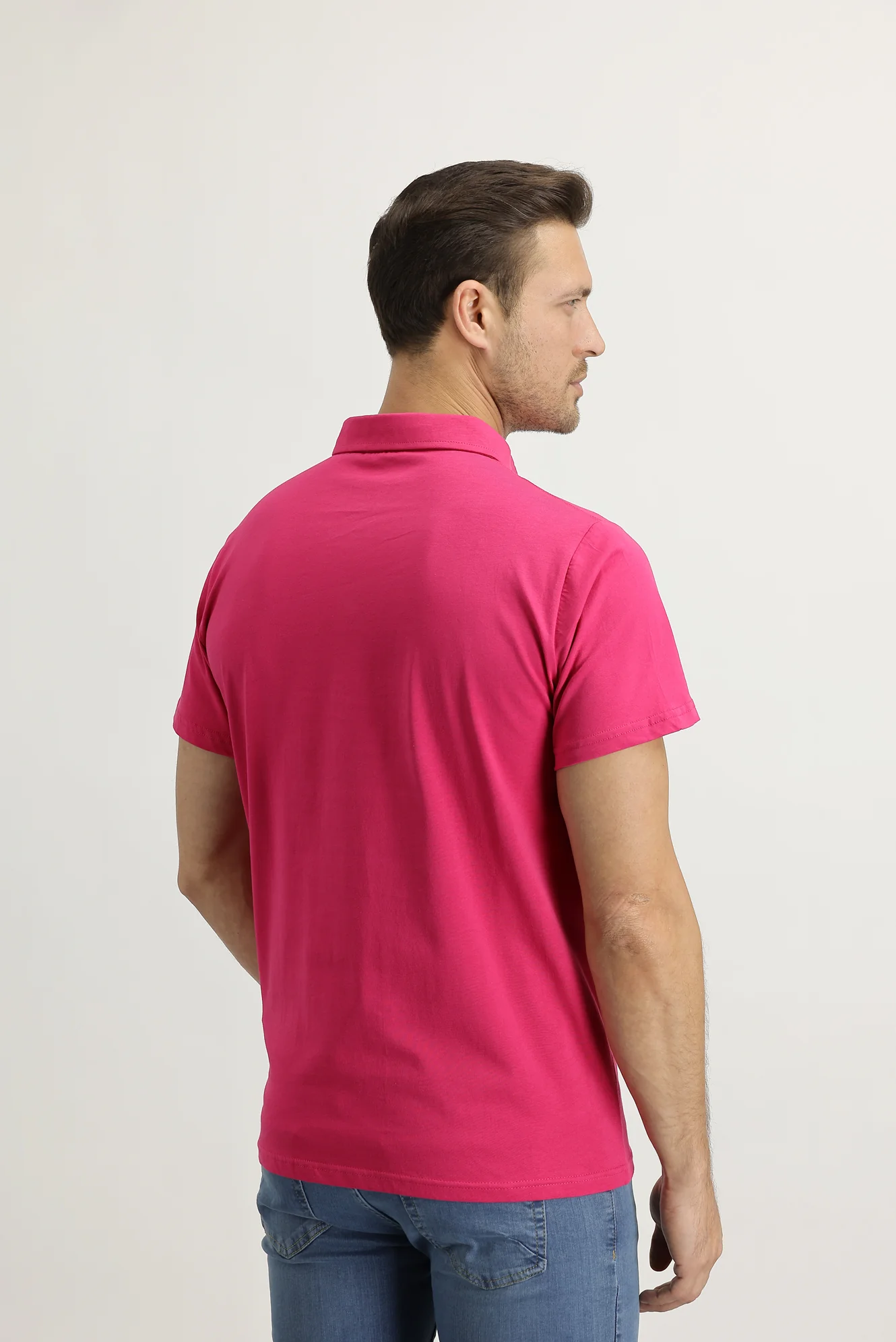 Orta Pembe Polo Yaka Regular Fit Pamuk Tişört - Image 4