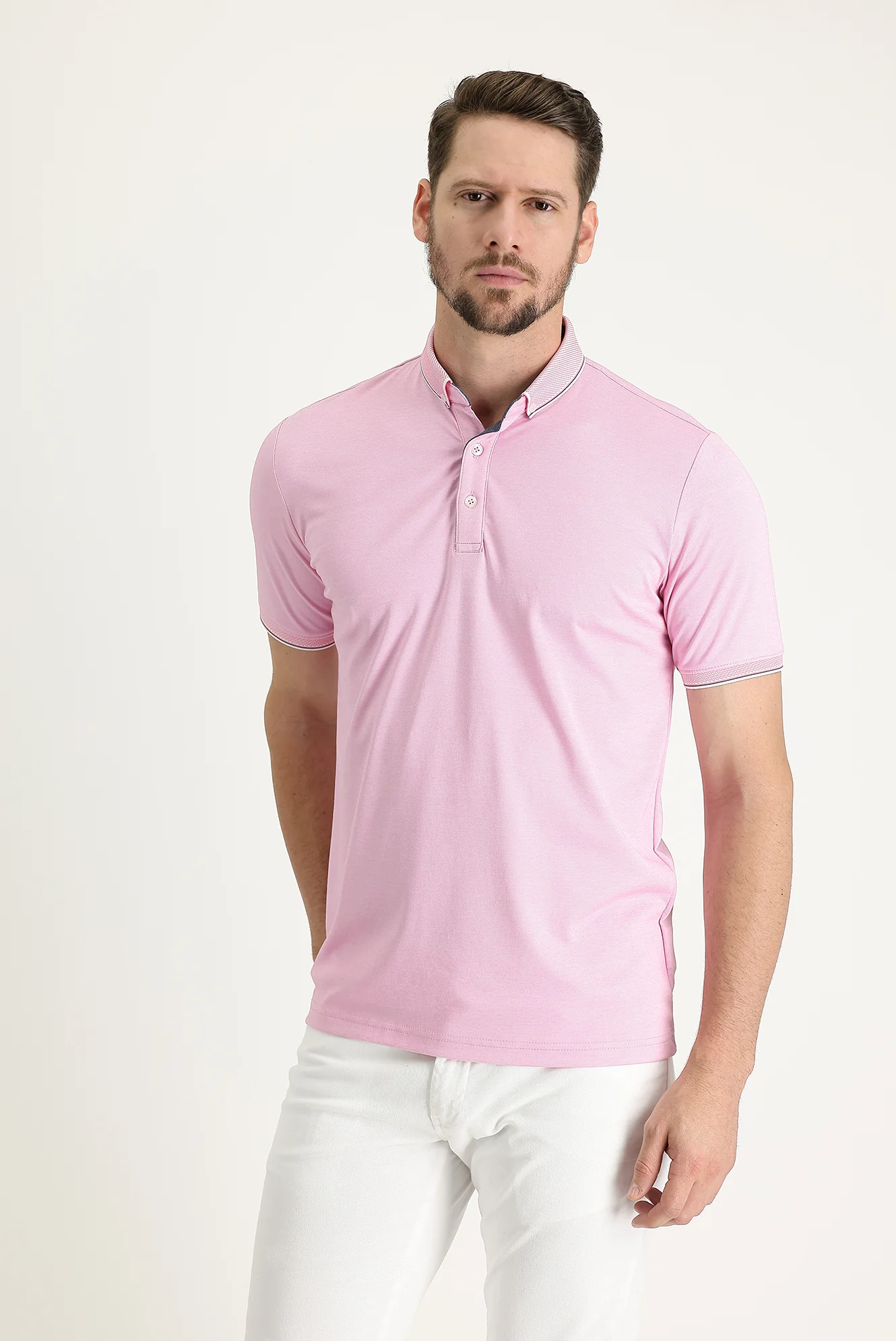 Orta Pembe Polo Yaka Regular Fit Tişört - Image 2