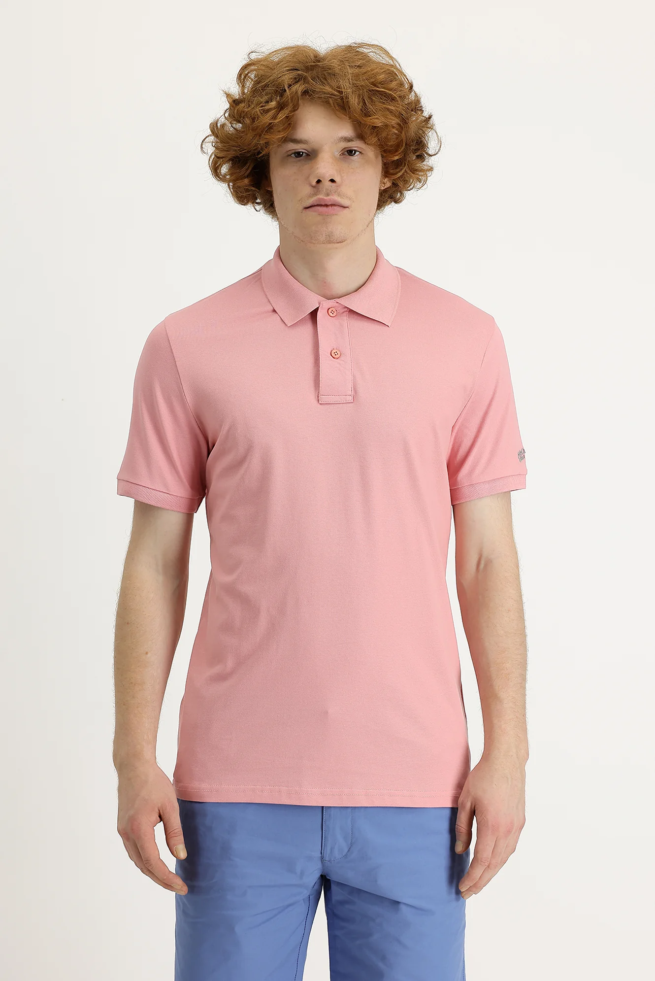 Orta Pembe Polo Yaka Slim Fit Dar Kesim Baskılı Tişört - Image 2