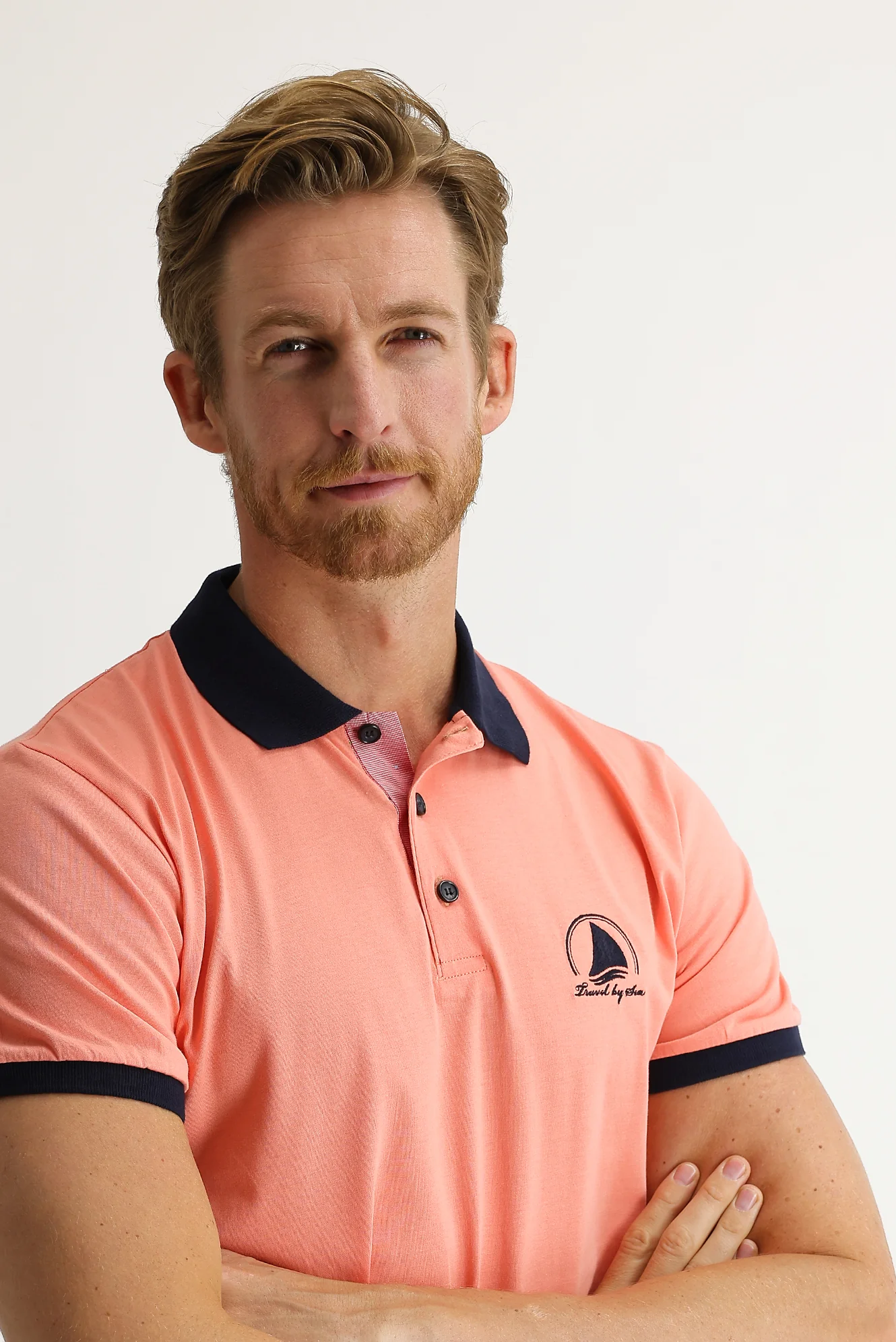 Orta Pembe Polo Yaka Slim Fit Dar Kesim Desenli Pamuk Tişört