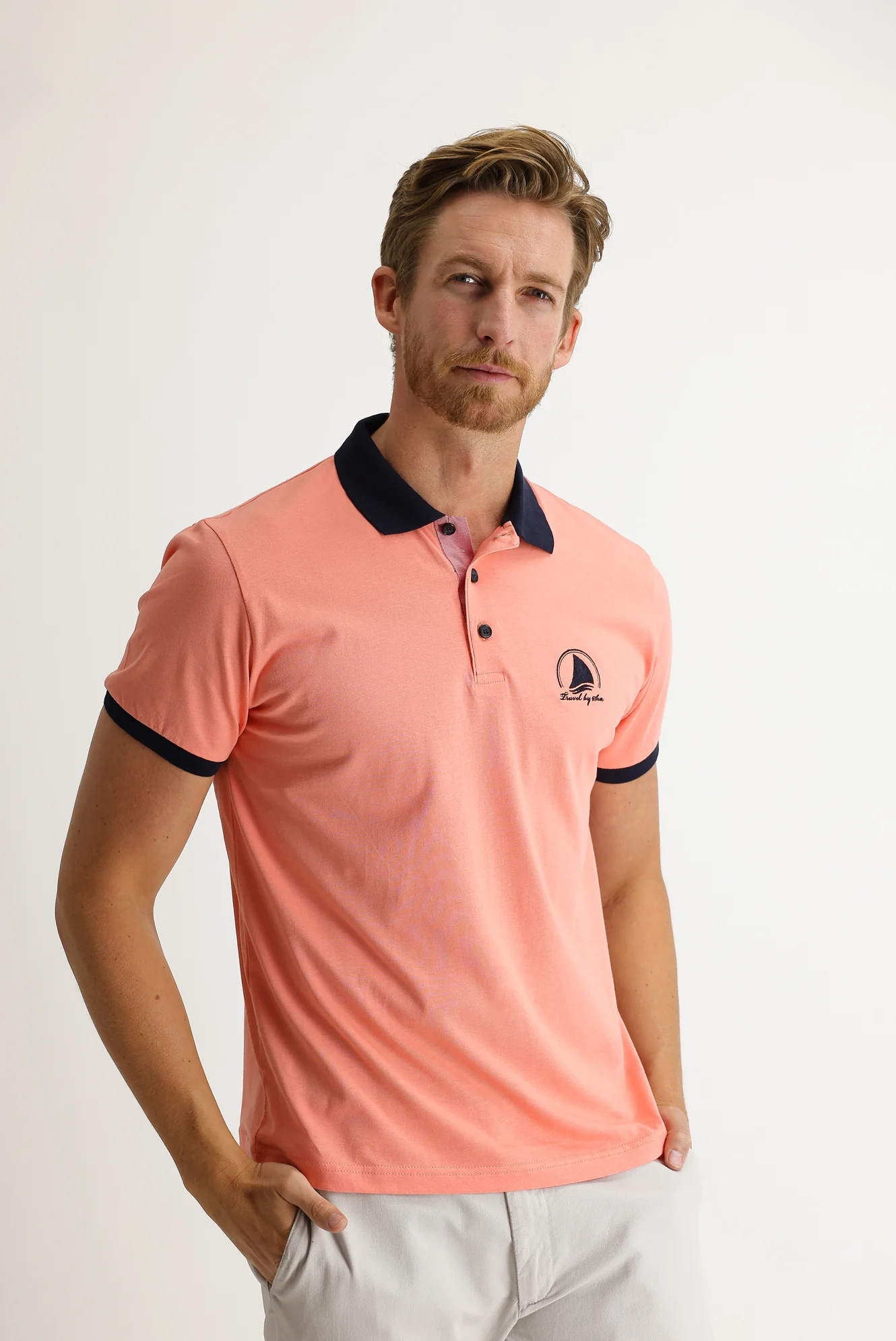 Orta Pembe Polo Yaka Slim Fit Dar Kesim Desenli Pamuk Tişört - Image 2