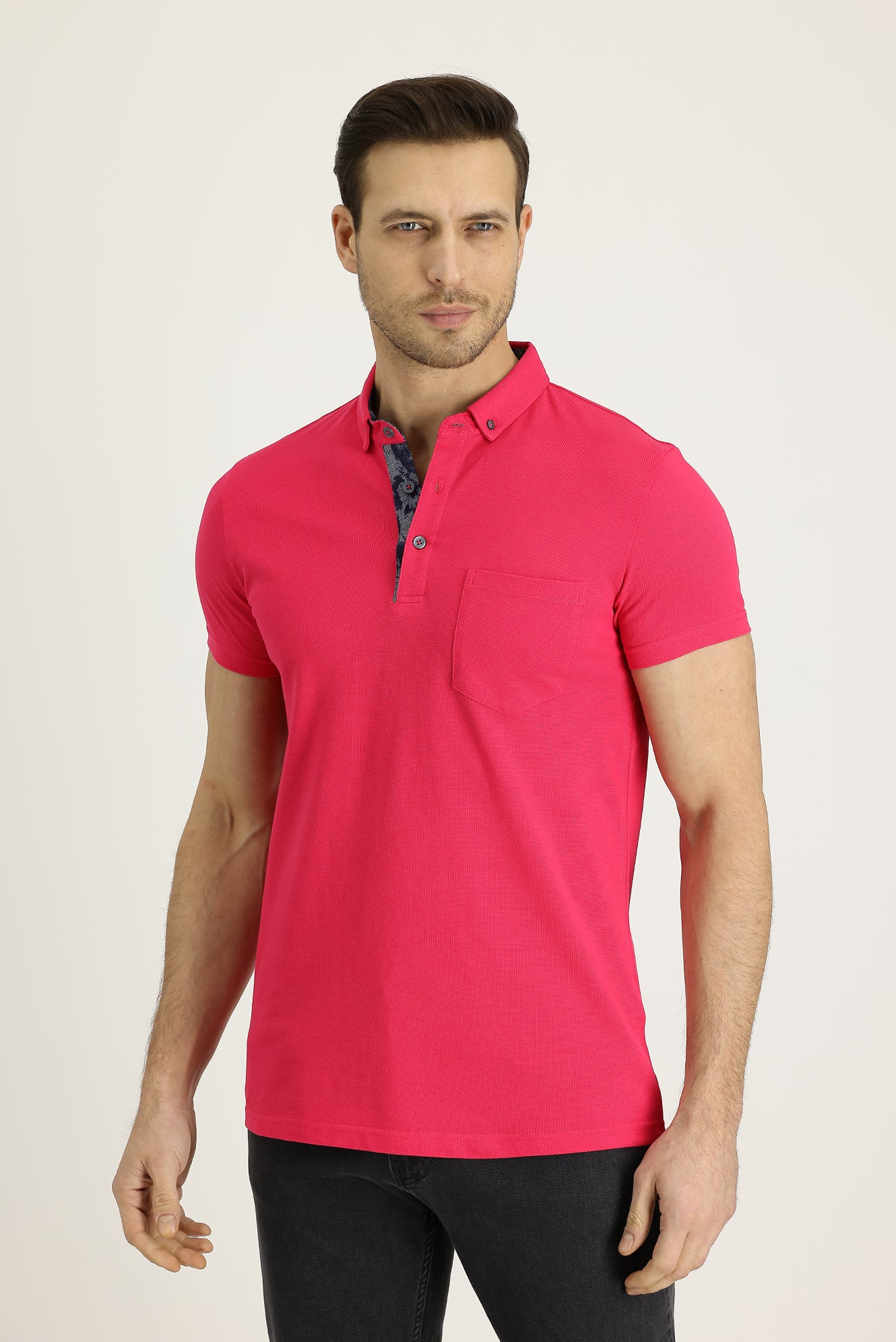 Orta Pembe Polo Yaka Desenli Pamuk Tişört