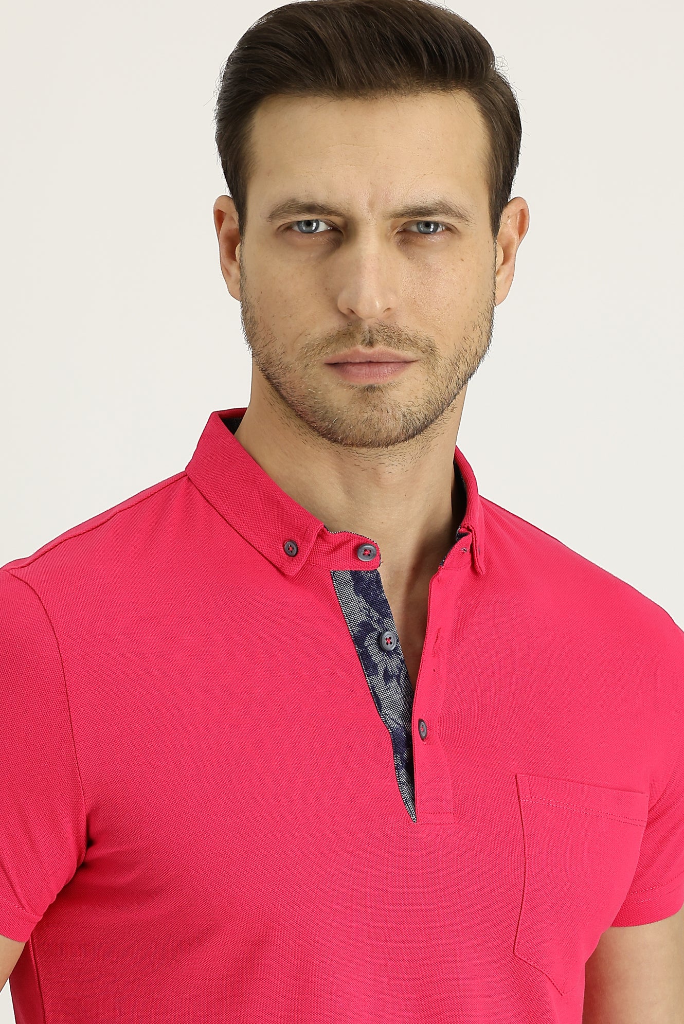 Orta Pembe Polo Yaka Desenli Pamuk Tişört - Image 2