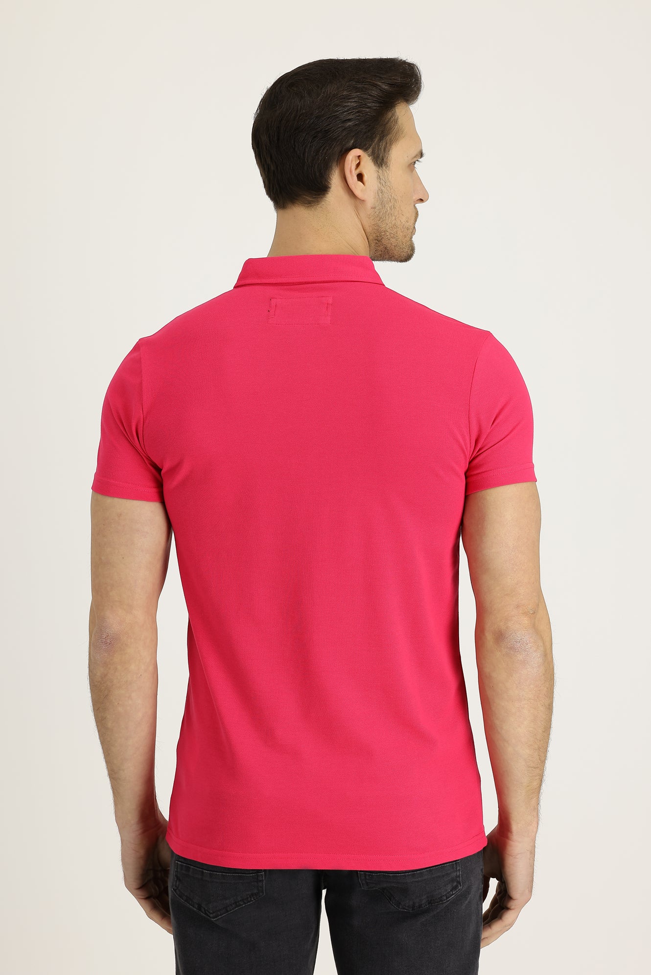 Orta Pembe Polo Yaka Desenli Pamuk Tişört - Image 4
