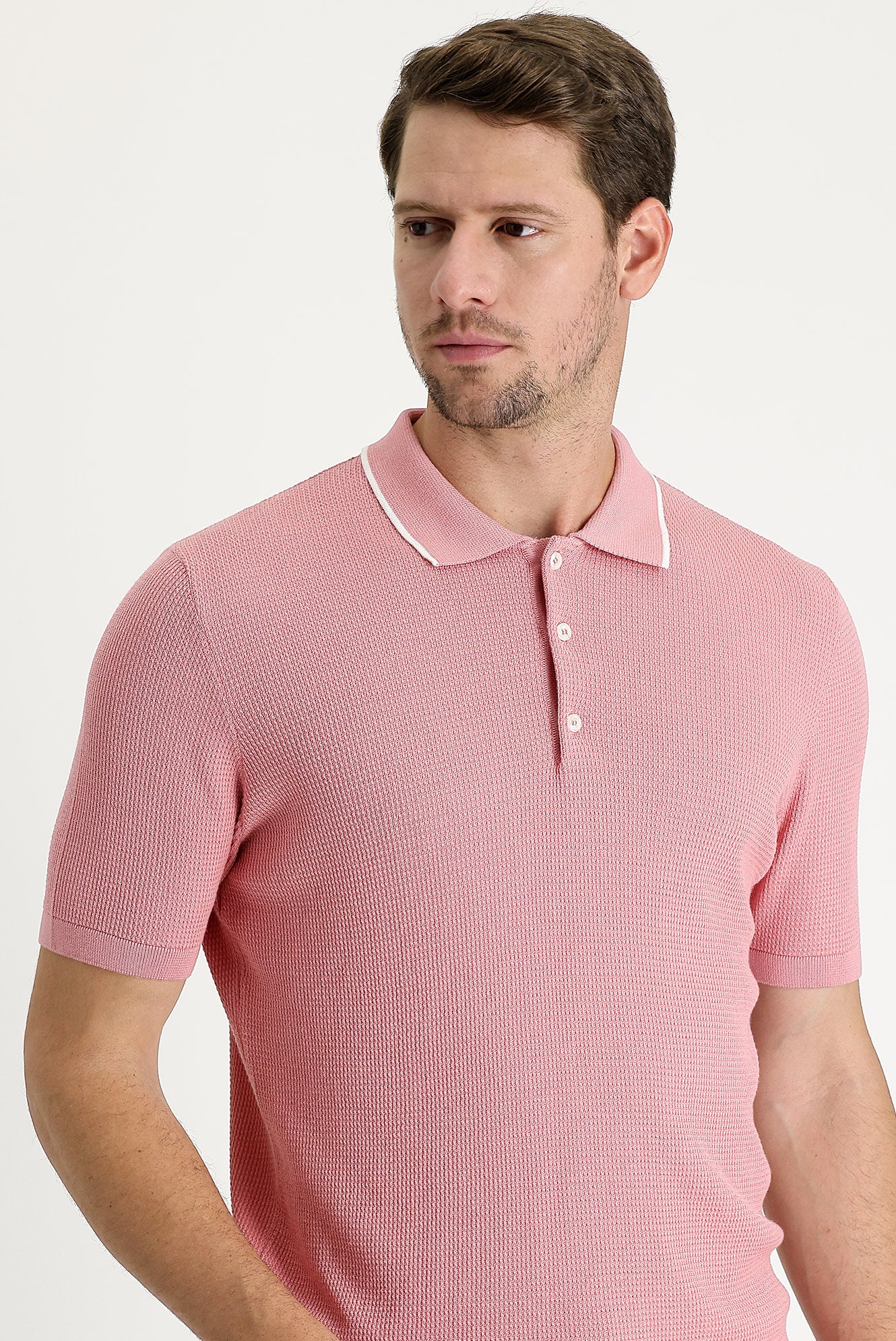 Orta Pembe Polo Yaka Slim Fit Dar Kesim Desenli Tişört - Image 2