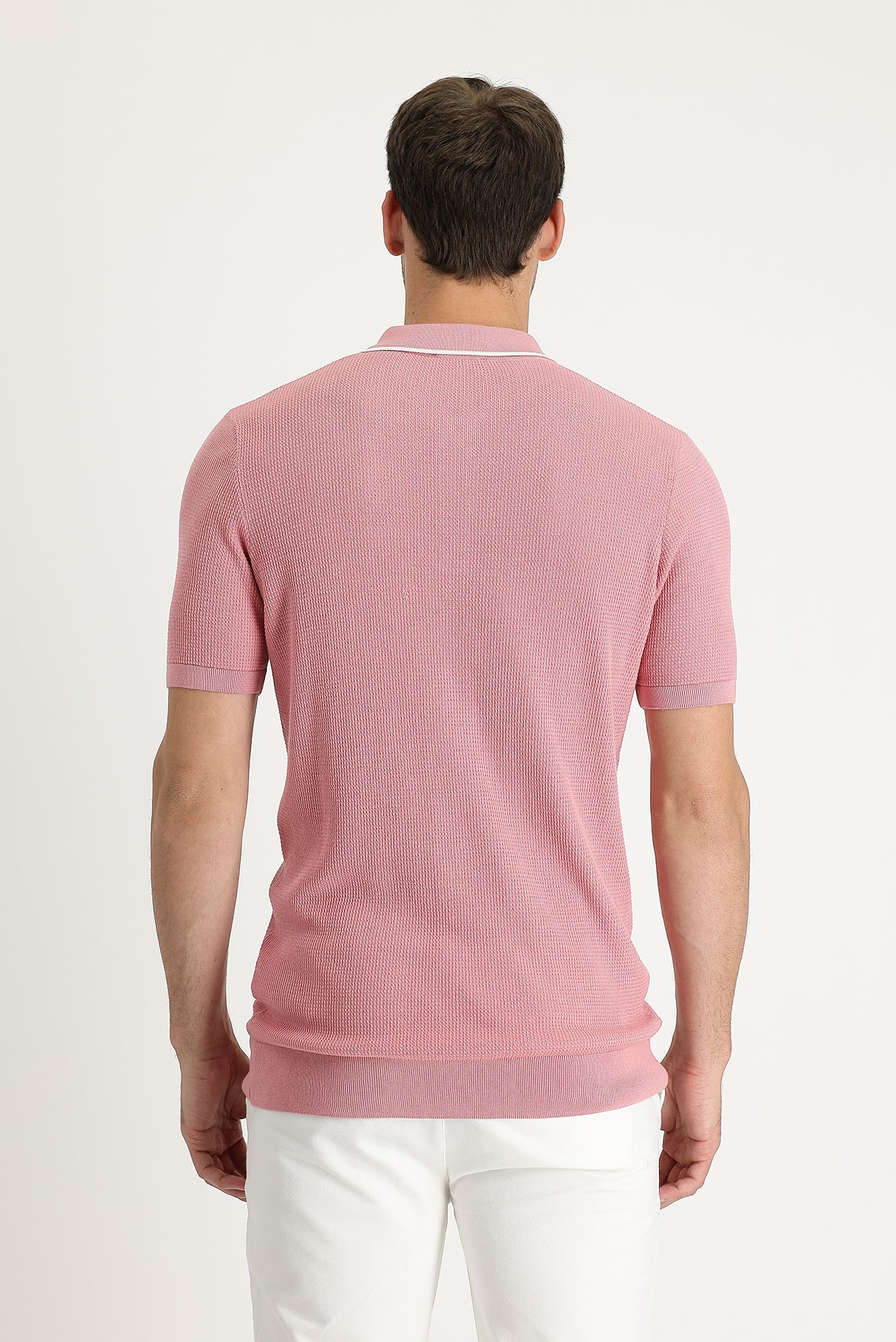 Orta Pembe Polo Yaka Slim Fit Dar Kesim Desenli Tişört - Image 3