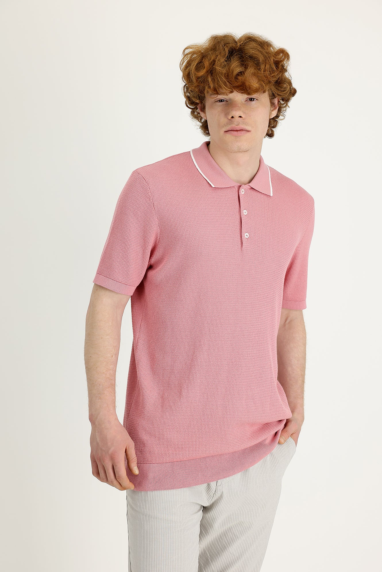 Orta Pembe Polo Yaka Slim Fit Dar Kesim Tişört - Image 2