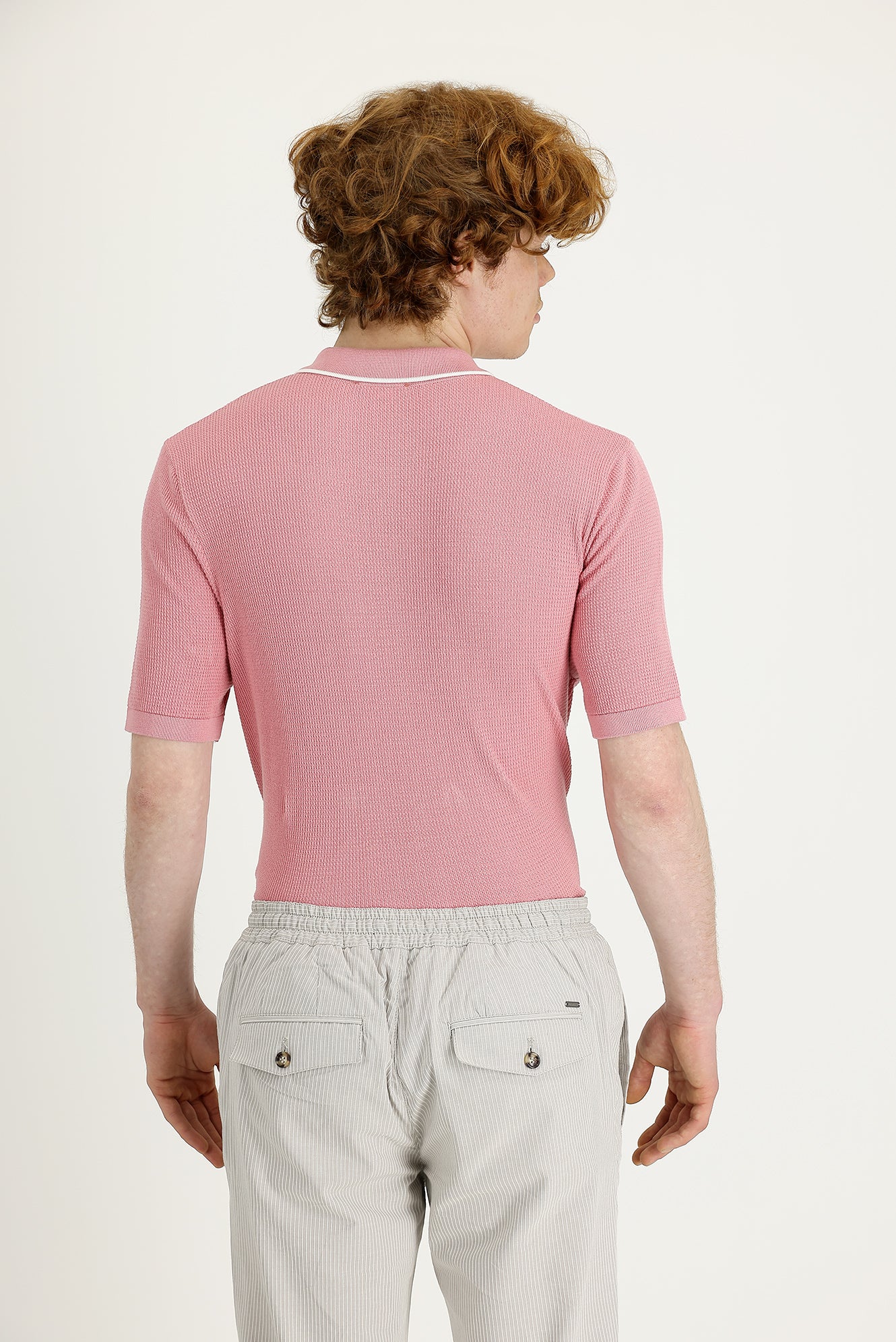Orta Pembe Polo Yaka Slim Fit Dar Kesim Tişört - Image 3