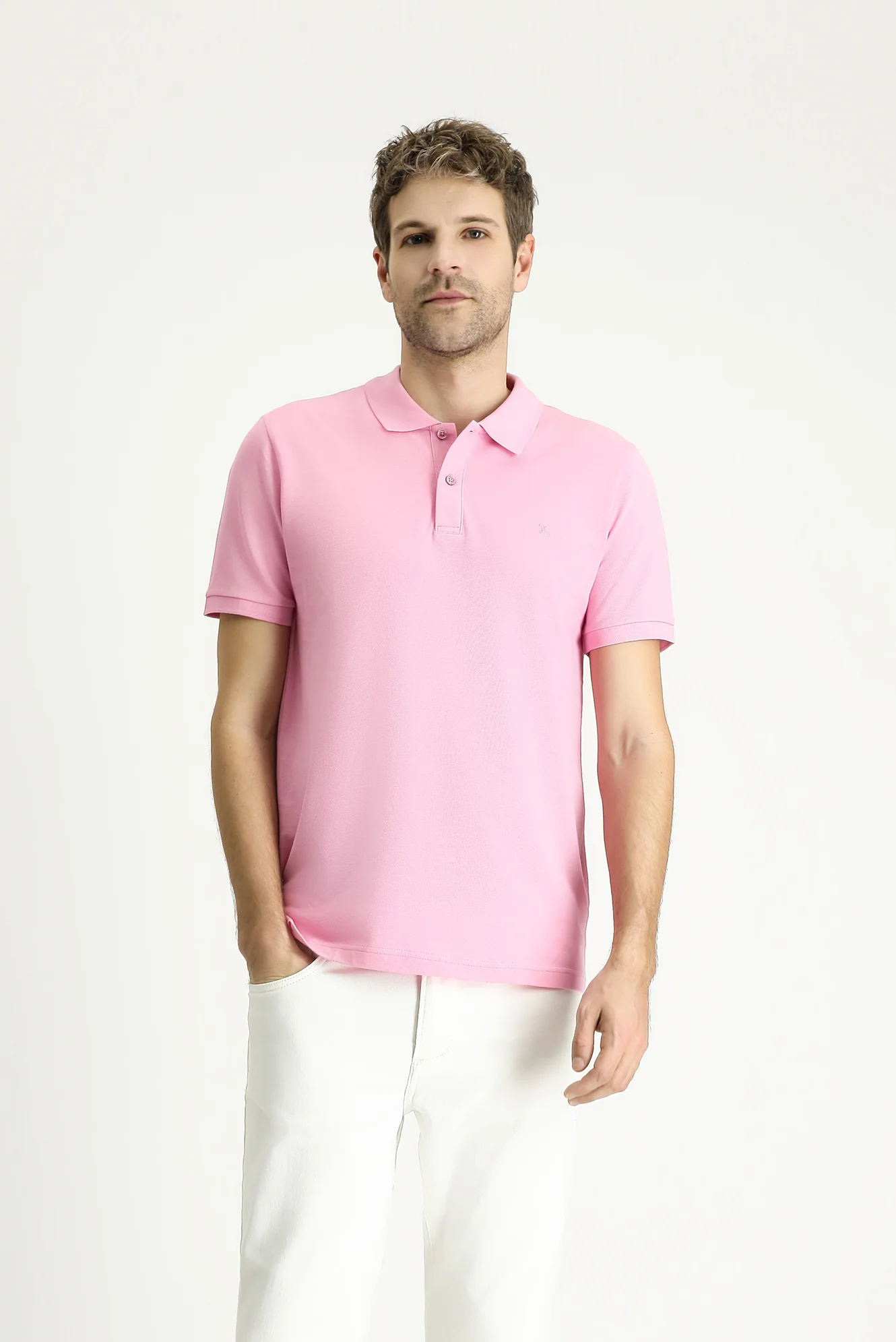 Orta Pembe Slim Fit Dar Kesim Nakışlı Pamuk Polo Yaka Tişört
