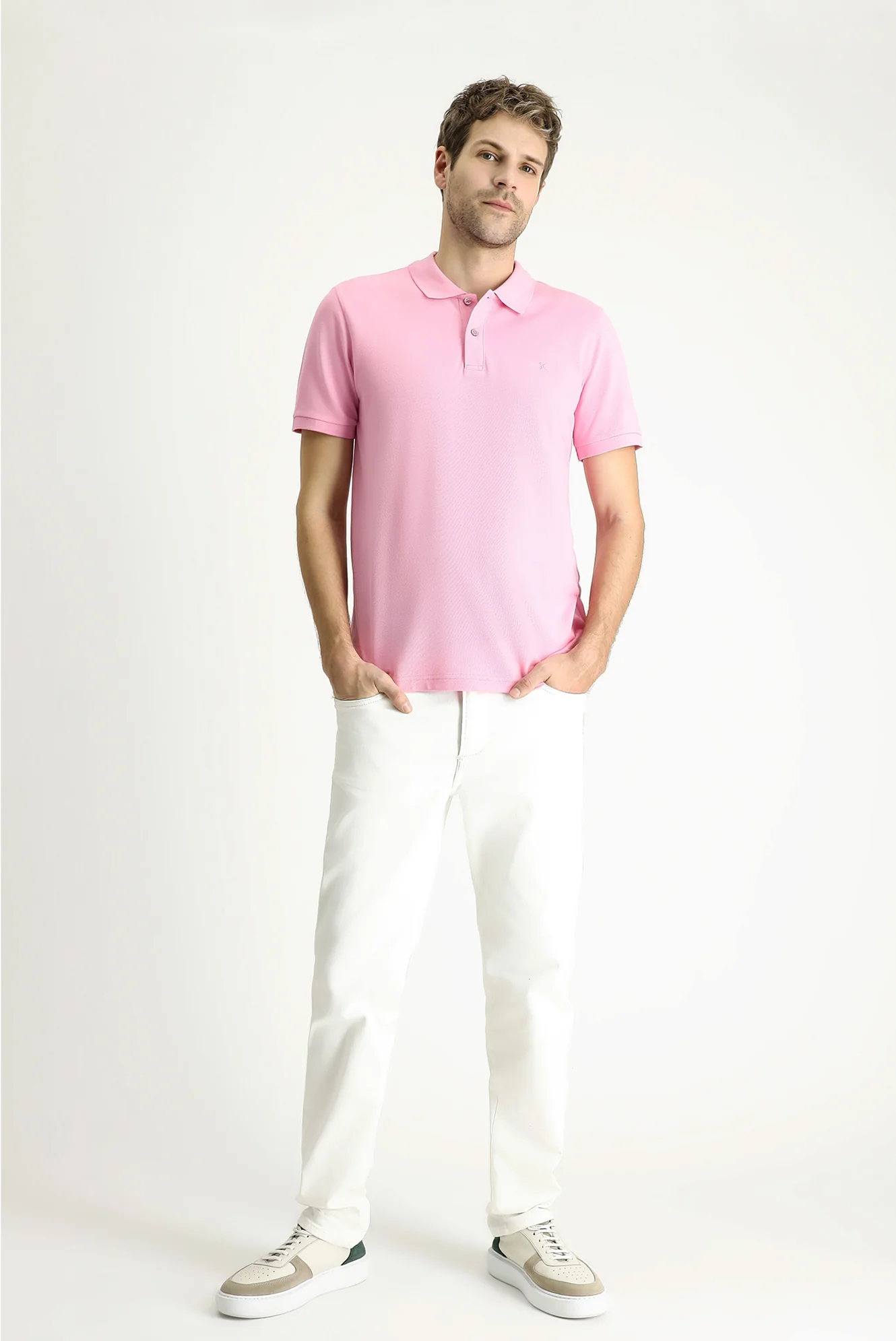 Orta Pembe Slim Fit Dar Kesim Nakışlı Pamuk Polo Yaka Tişört - Image 2