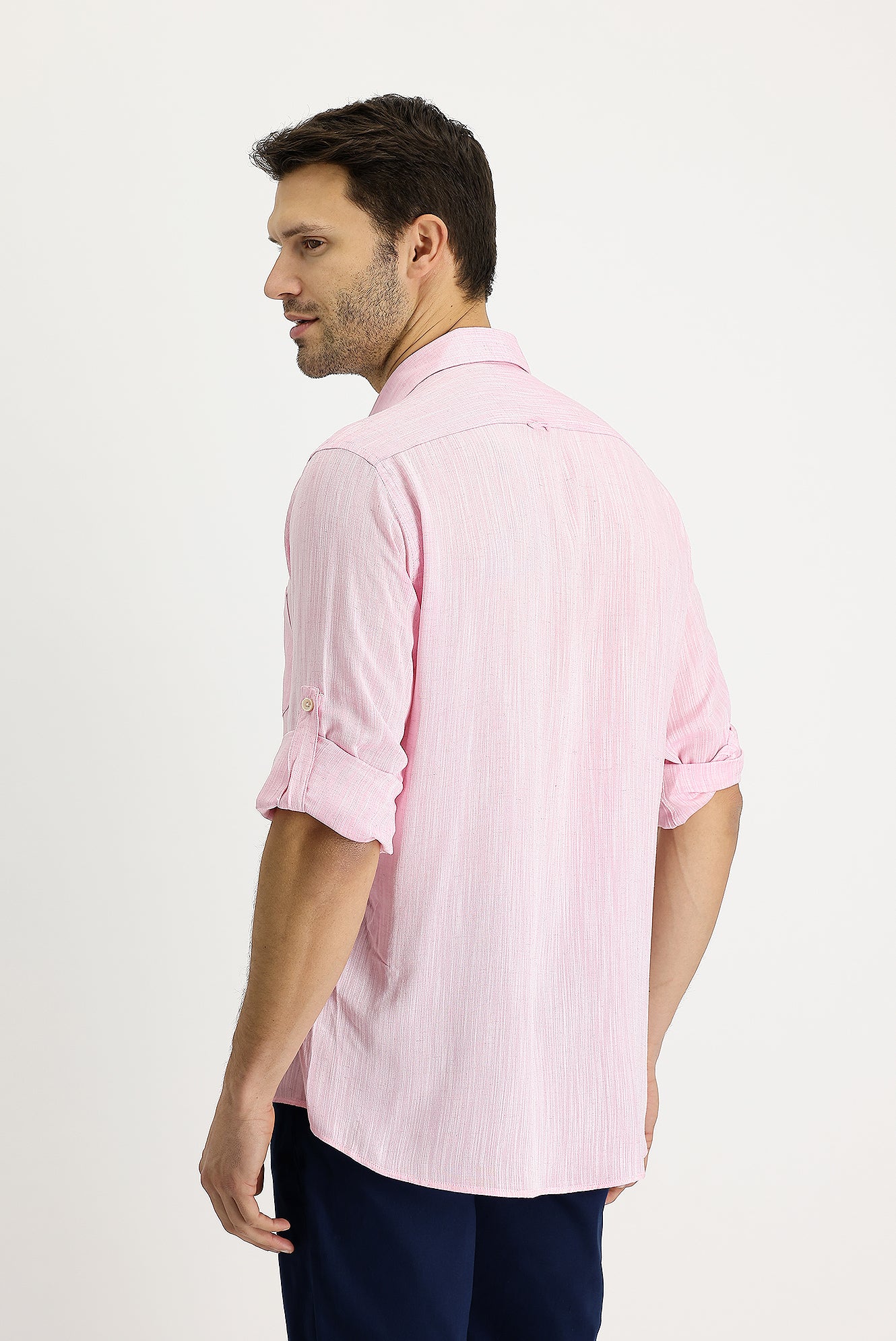 Orta Pembe Uzun Kol Regular Fit Desenli Keten Gömlek - Image 3