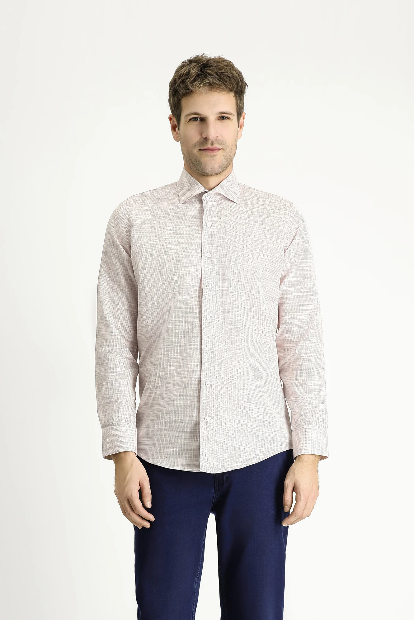 Orta Pembe Uzun Kol Slim Fit Dar Kesim Desenli Pamuk Gömlek - Image 4