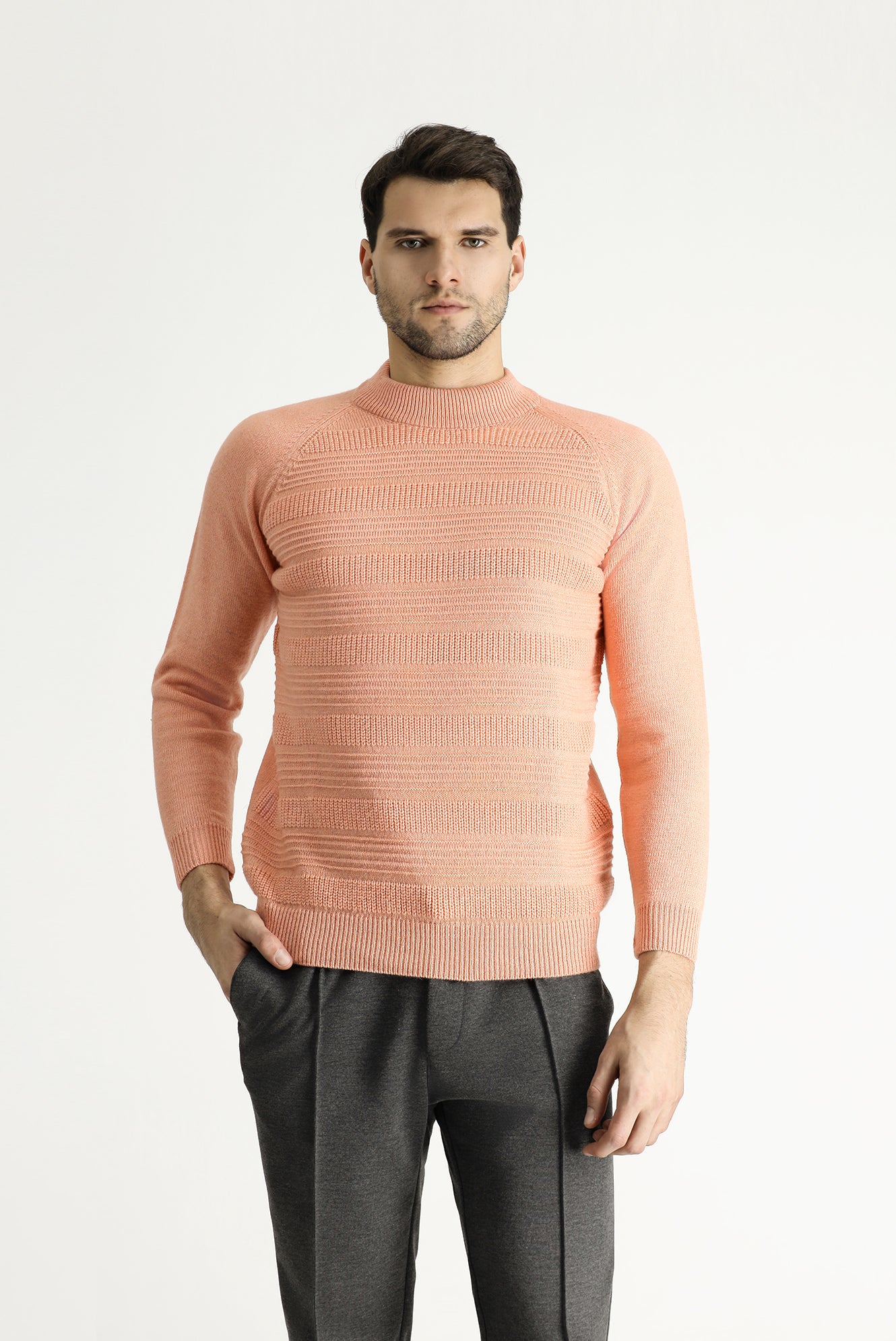 Orta Pembe Yarım Balıkçı Yaka Slim Fit Dar Kesim Desenli Yünlü Triko Kazak - Image 3