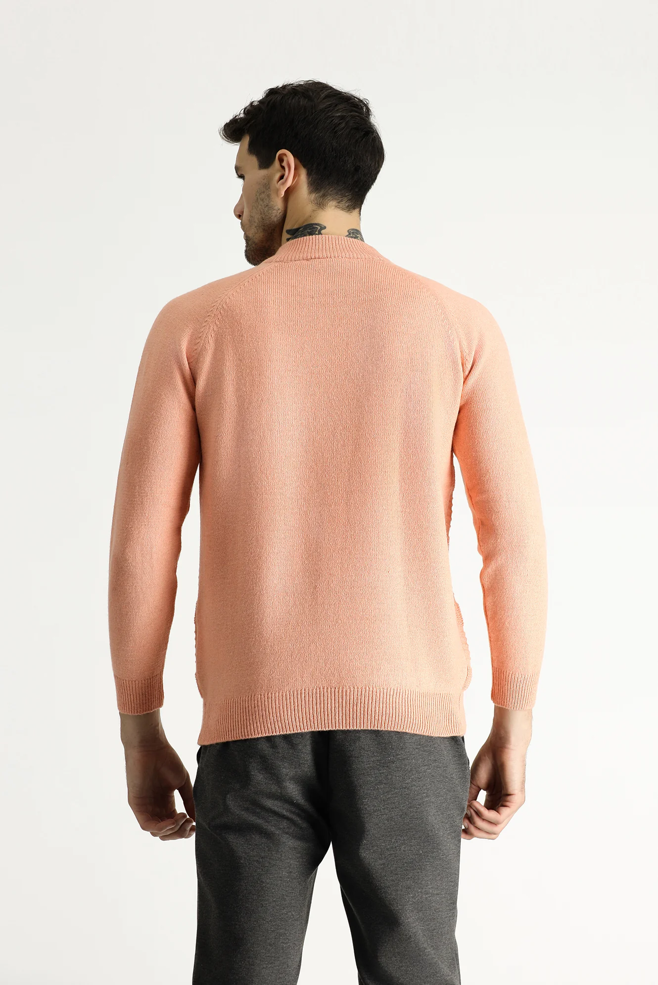 Orta Pembe Yarım Balıkçı Yaka Slim Fit Dar Kesim Desenli Yünlü Triko Kazak - Image 4