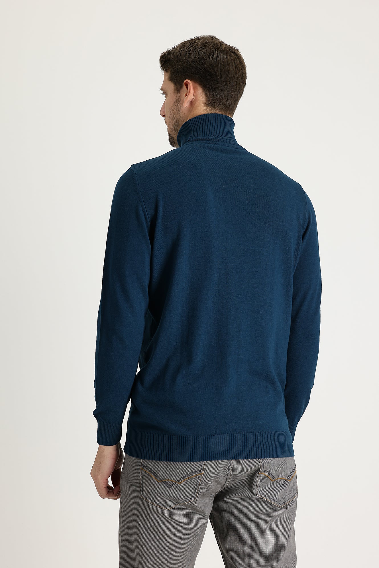 Orta Petrol Balıkçı Yaka Regular Fit Triko Kazak - Image 3