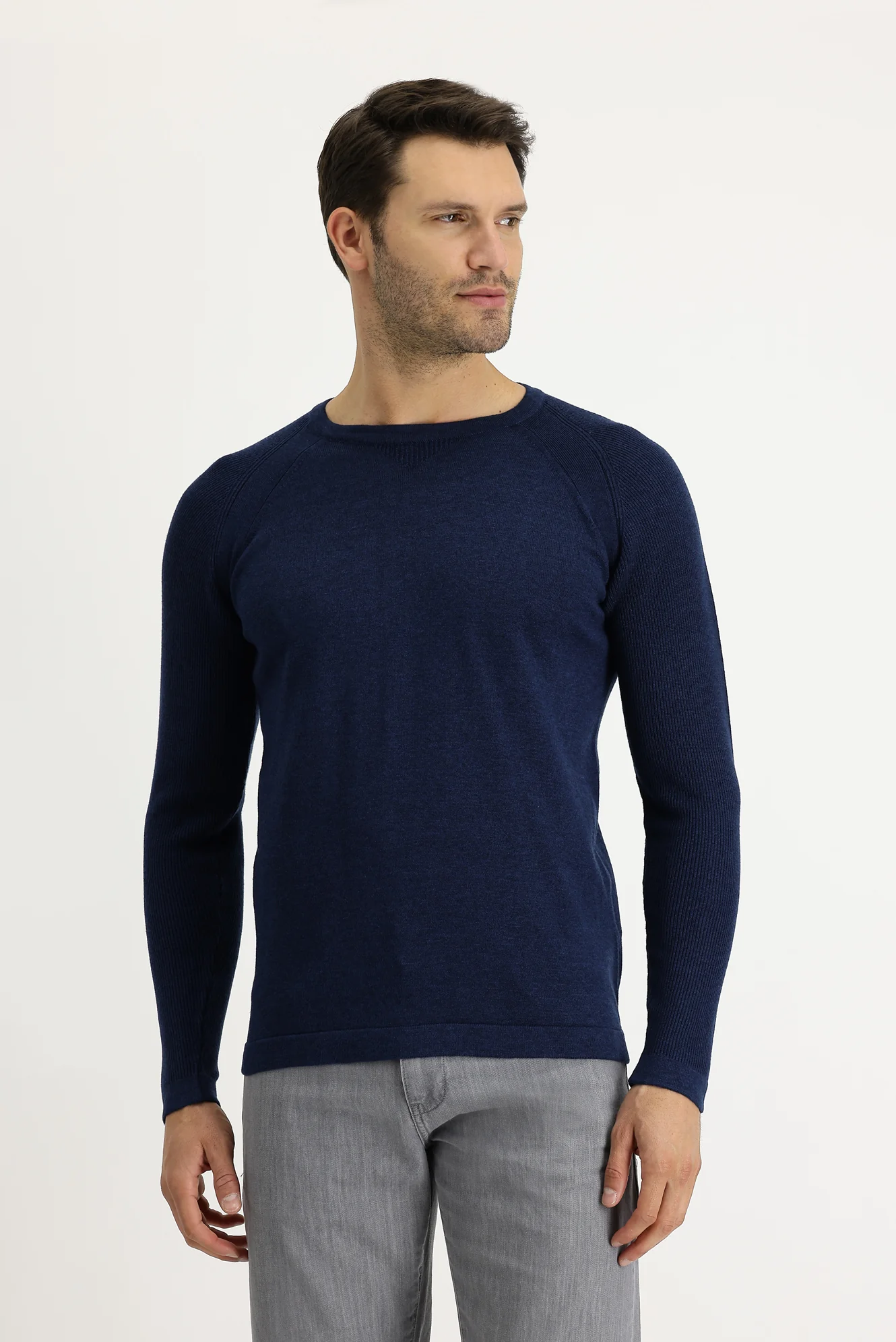 Orta Petrol Bisiklet Yaka Slim Fit Desenli Pamuklu Triko Kazak
