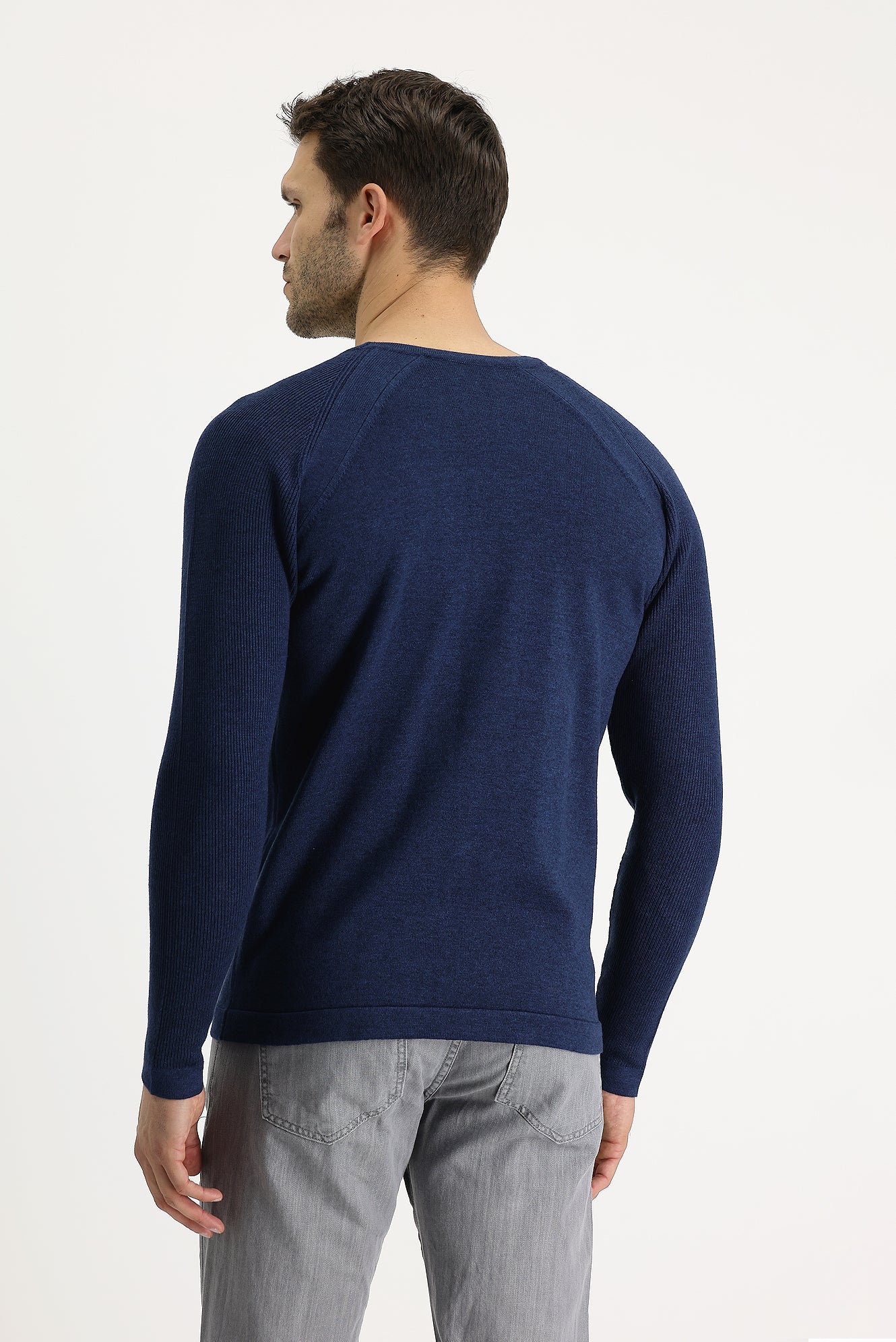 Orta Petrol Bisiklet Yaka Slim Fit Desenli Pamuklu Triko Kazak - Image 4