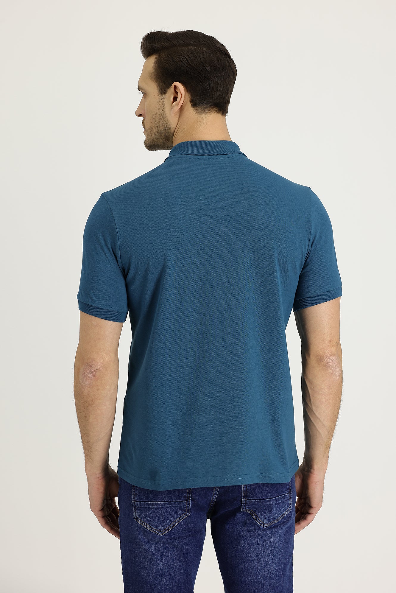 Orta Petrol Polo Yaka Regular Fit Nakışlı Pamuk Tişört - Image 3