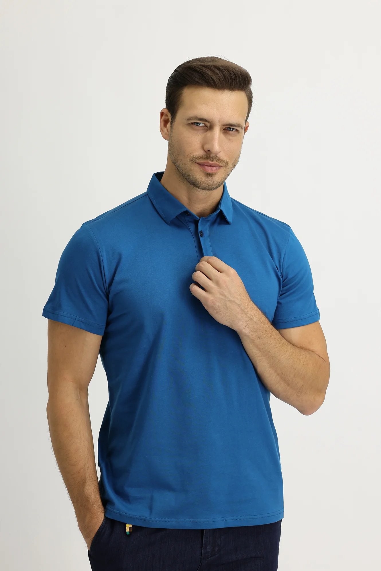 Orta Petrol Polo Yaka Regular Fit Pamuk Tişört - Image 4