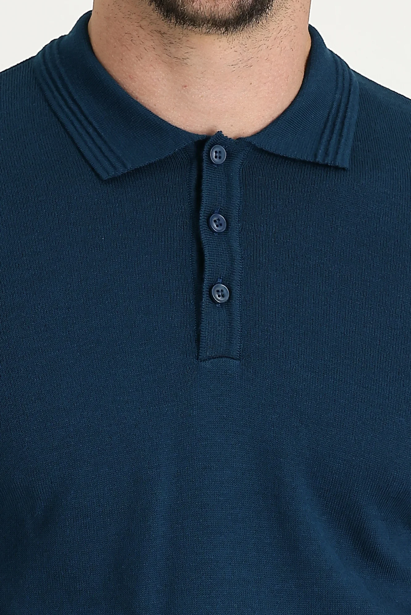 Orta Petrol Polo Yaka Regular Fit Pamuklu Triko Kazak - Image 4