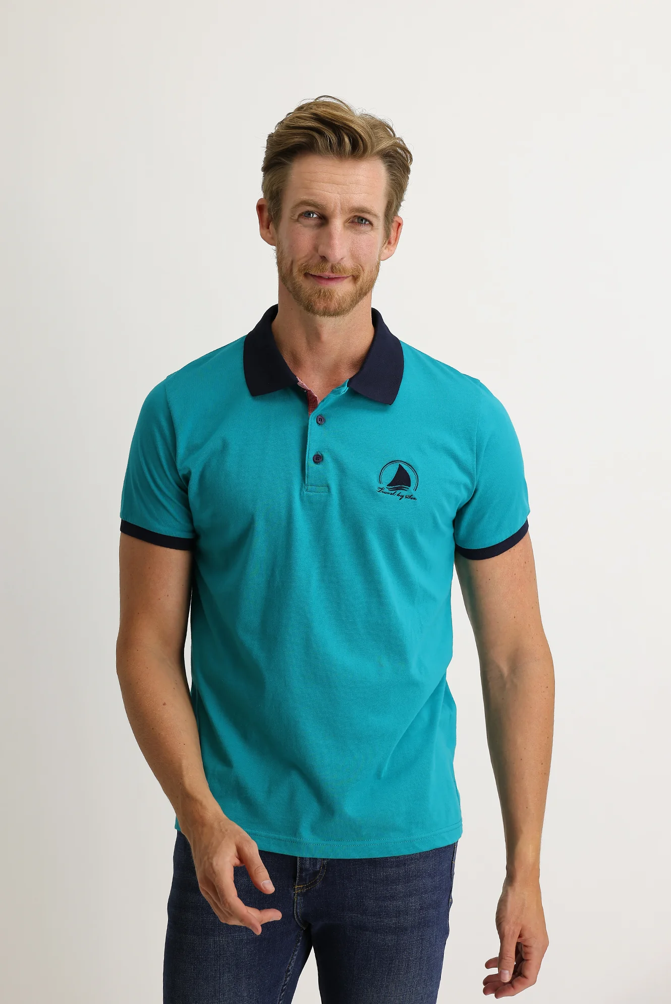 Orta Petrol Polo Yaka Slim Fit Dar Kesim Desenli Pamuk Tişört - Image 2