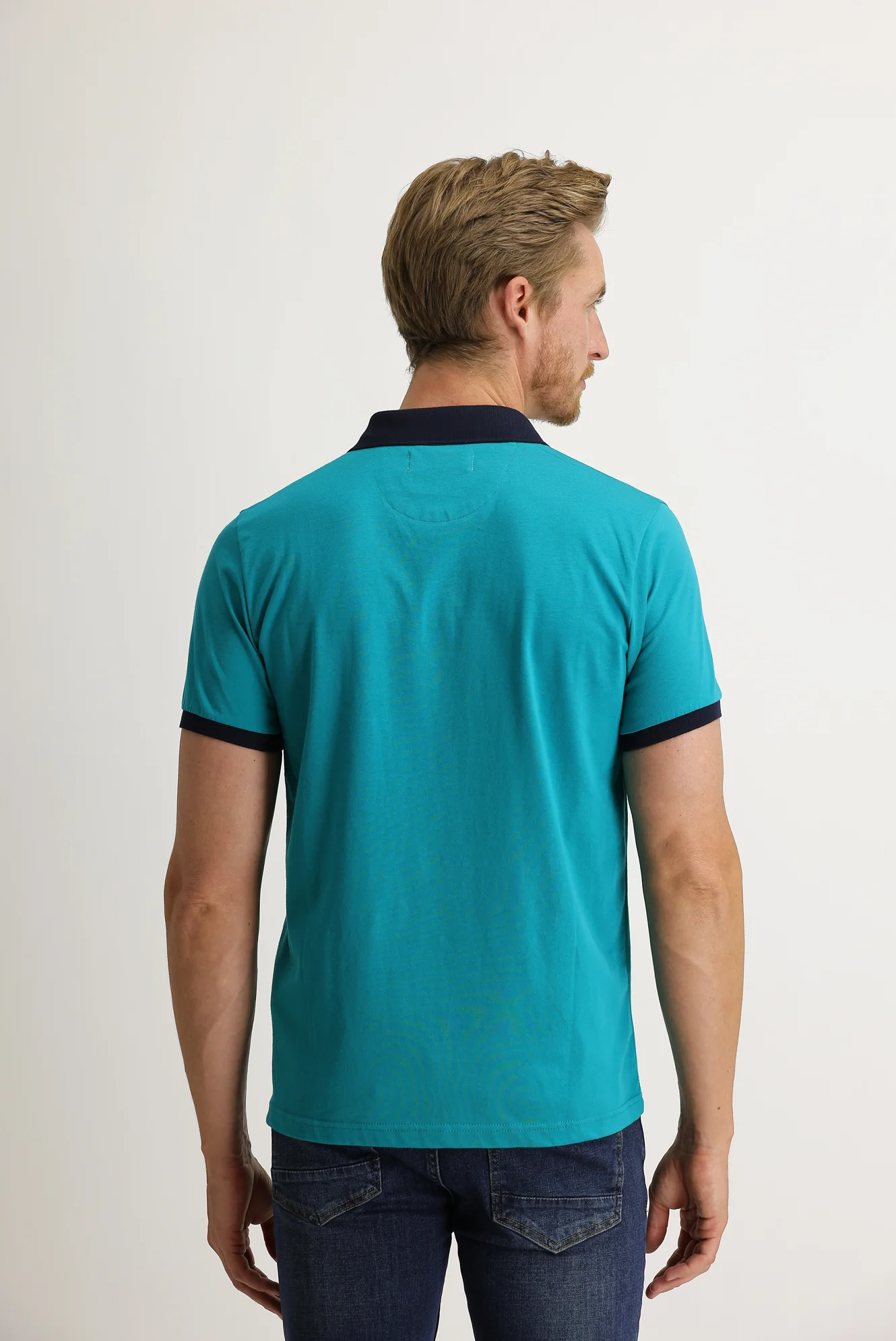 Orta Petrol Polo Yaka Slim Fit Dar Kesim Desenli Pamuk Tişört - Image 5