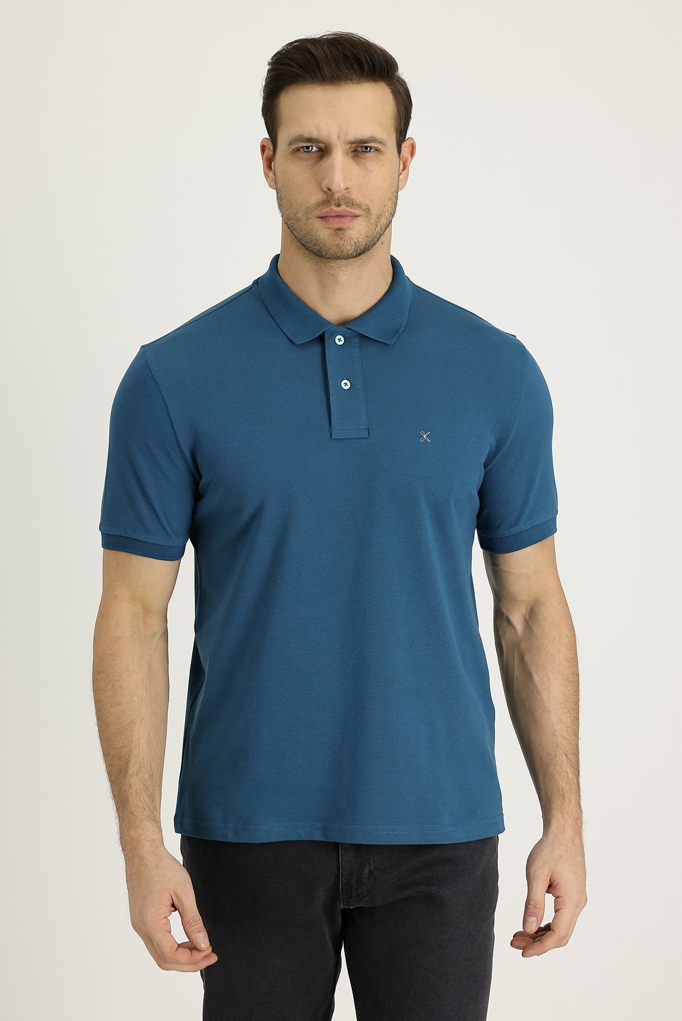 Orta Petrol Polo Yaka Slim Fit Dar Kesim Nakışlı Pamuk Tişört