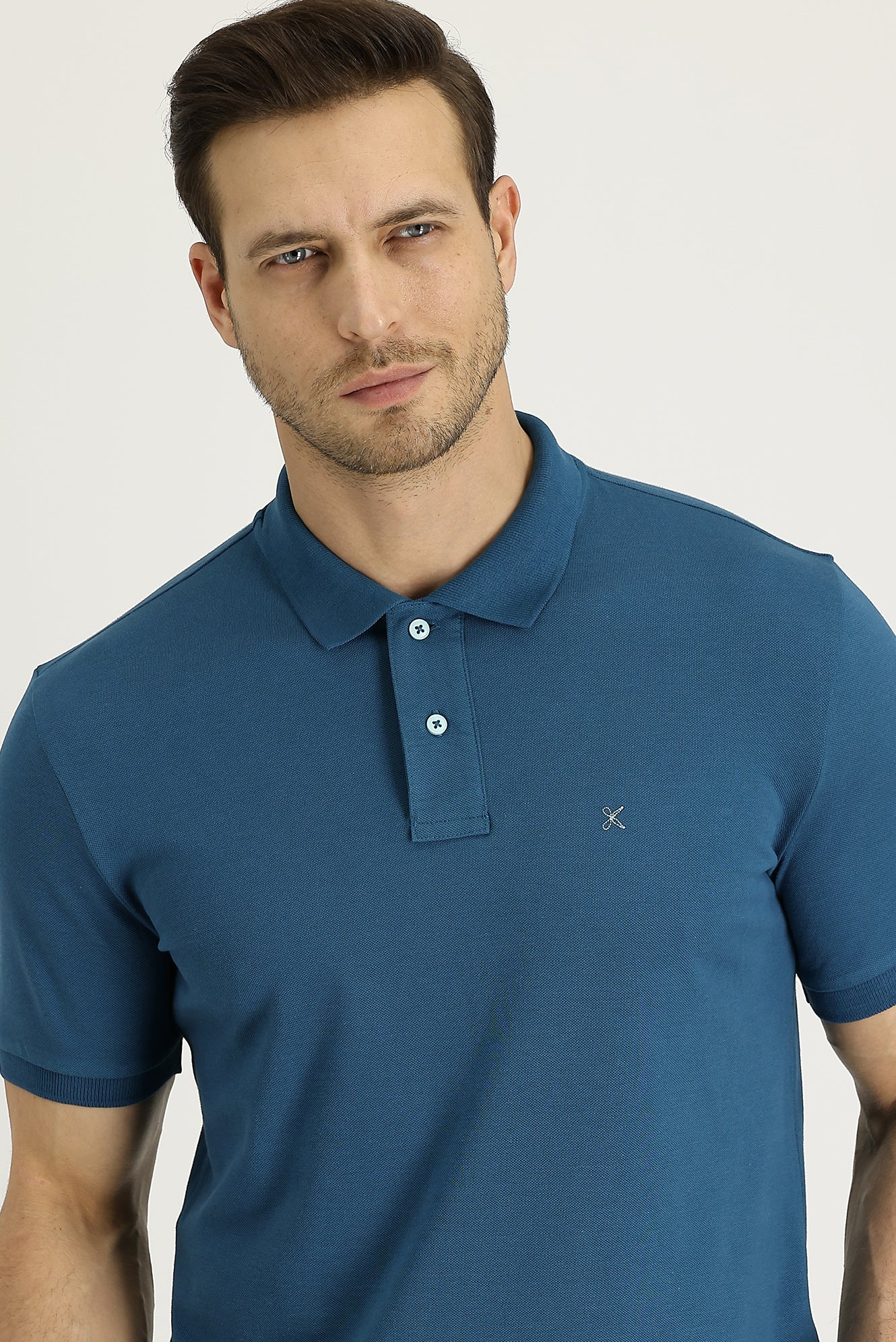 Orta Petrol Polo Yaka Slim Fit Dar Kesim Nakışlı Pamuk Tişört - Image 2