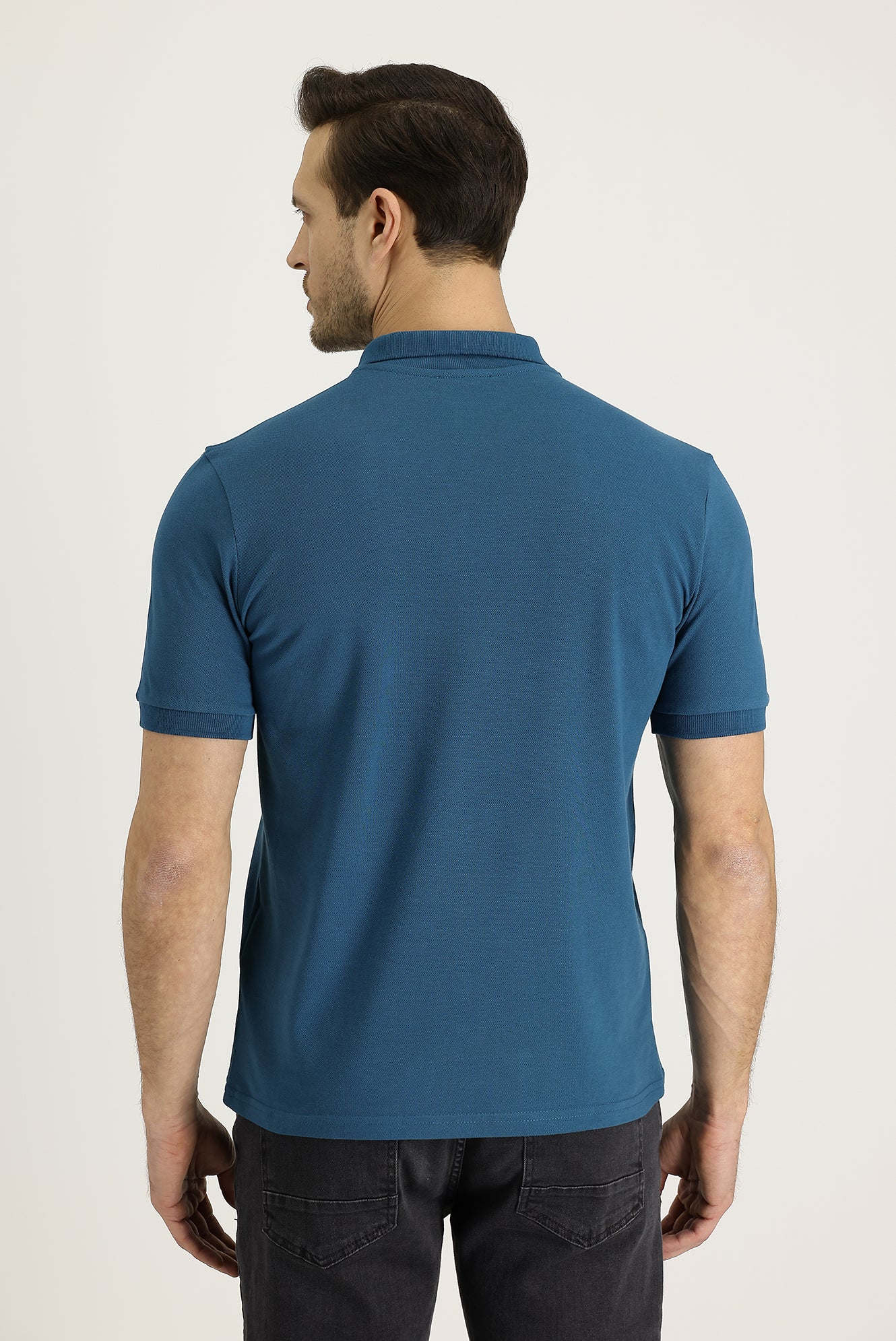 Orta Petrol Polo Yaka Slim Fit Dar Kesim Nakışlı Pamuk Tişört - Image 3