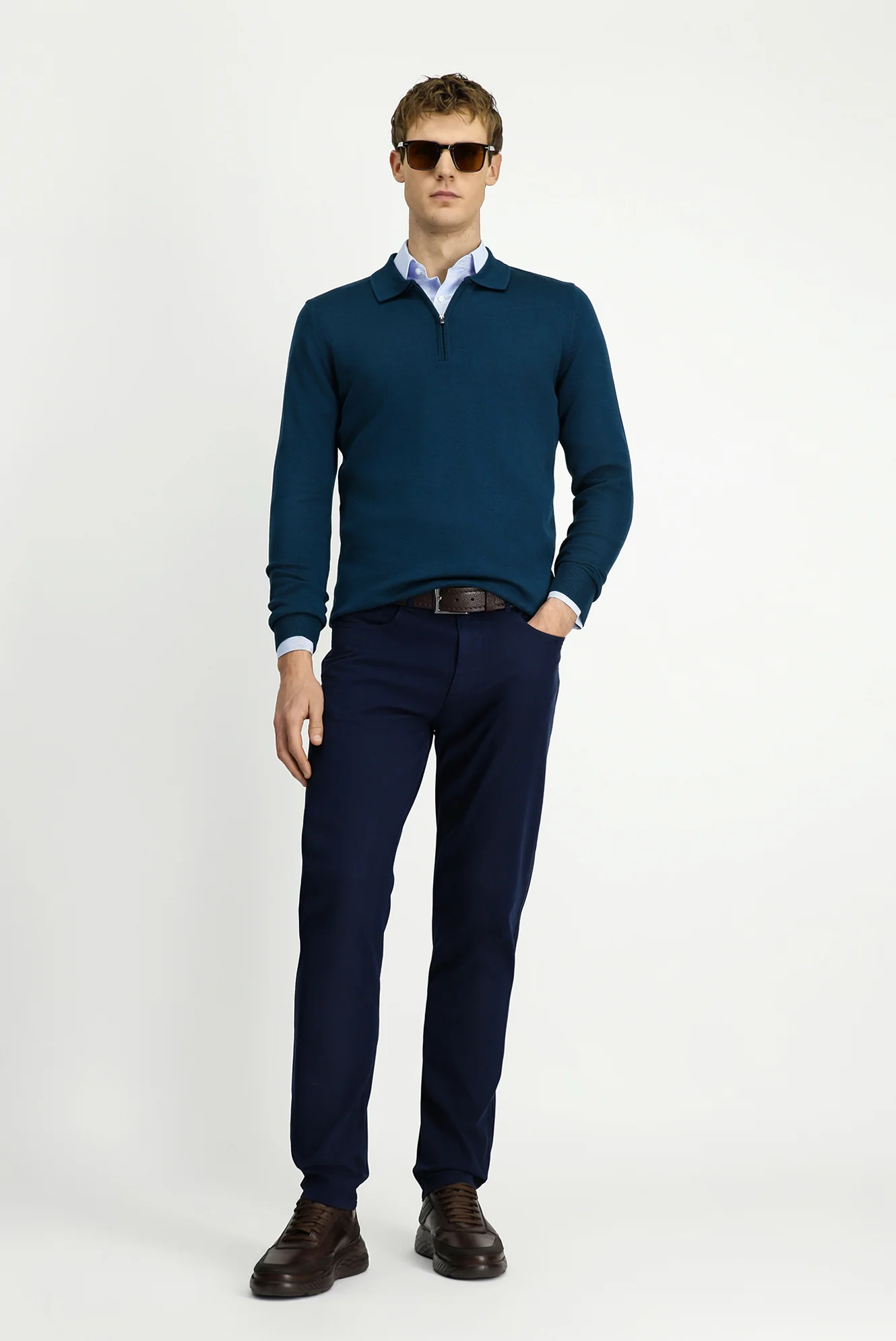 Orta Petrol Polo Yaka Regular Fit Fermuarlı Pamuklu Örme Triko Kazak - Image 3
