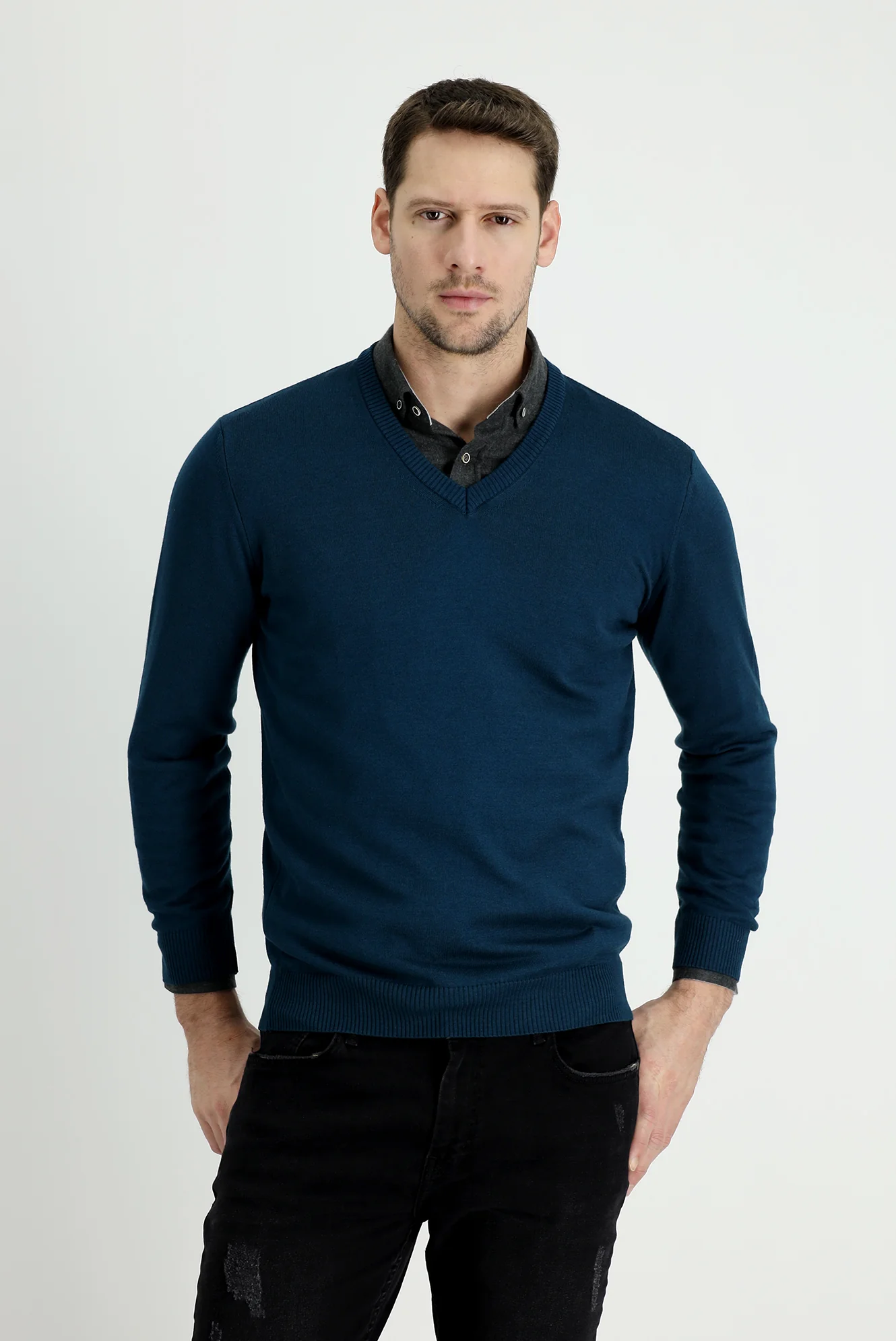 Orta Petrol V Yaka Regular Fit Pamuklu Triko Kazak - Image 2
