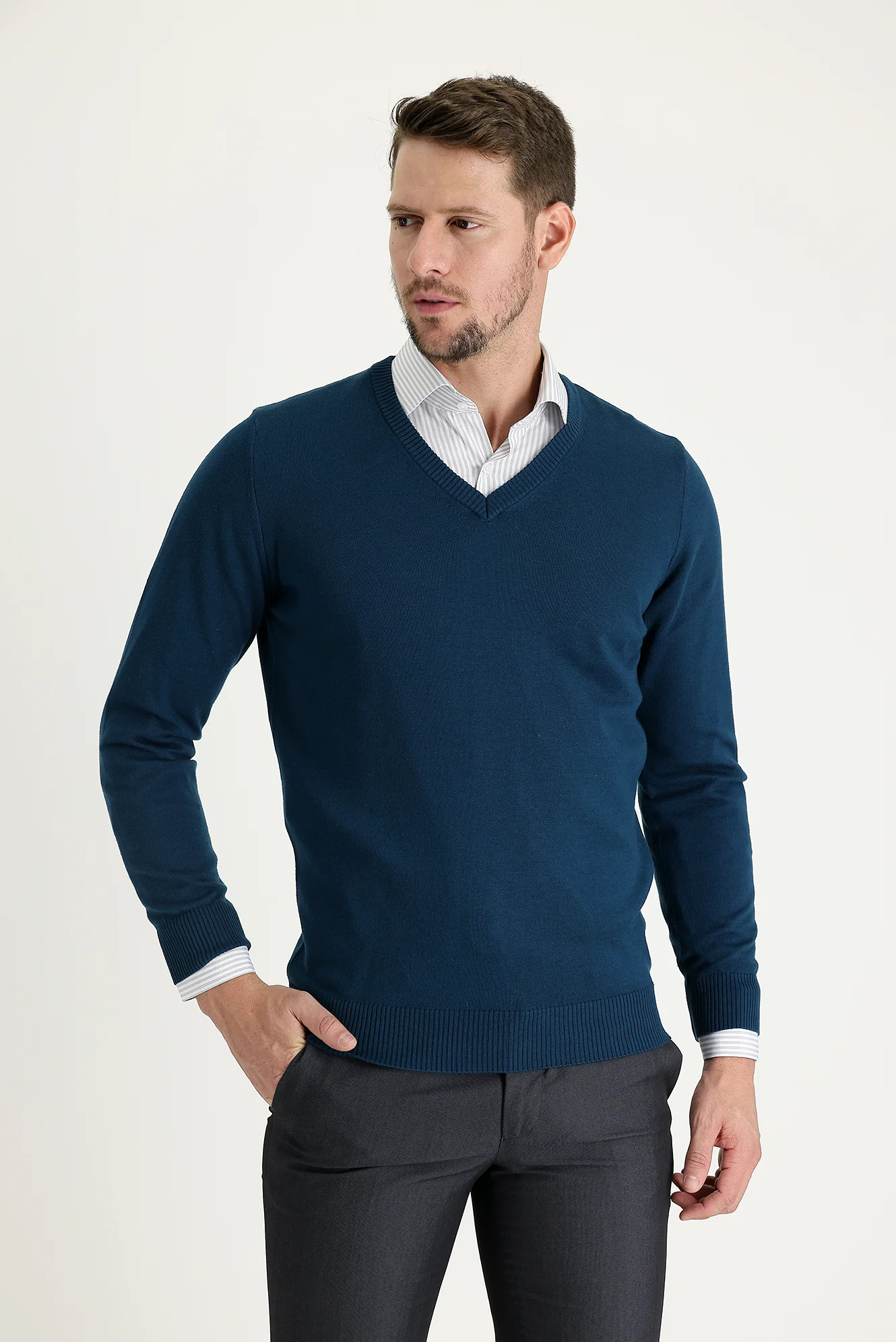 Orta Petrol V Yaka Regular Fit Triko Kazak