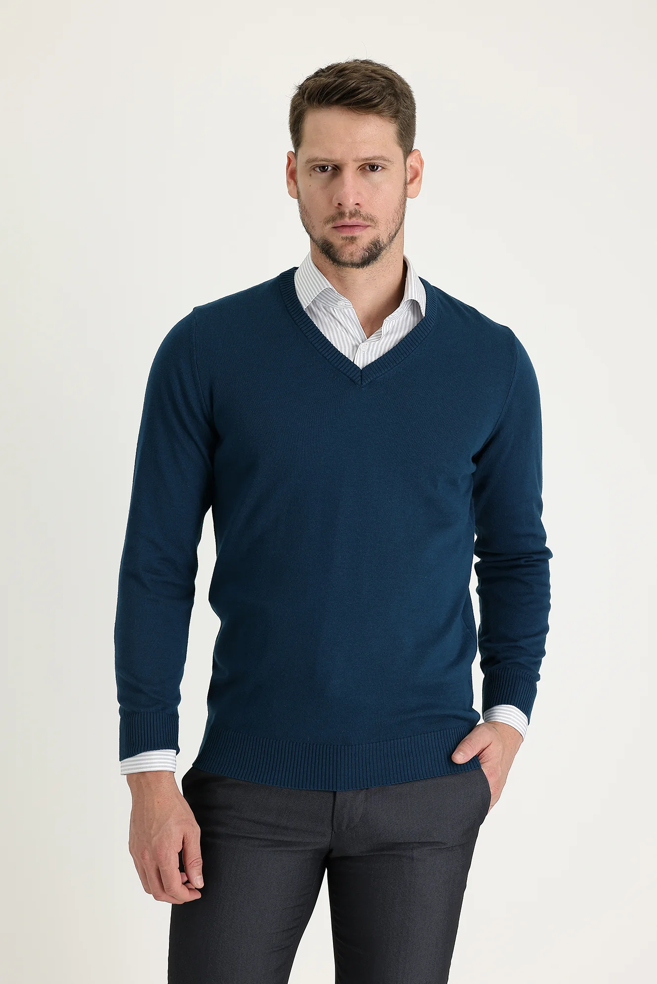 Orta Petrol V Yaka Regular Fit Triko Kazak - Image 2