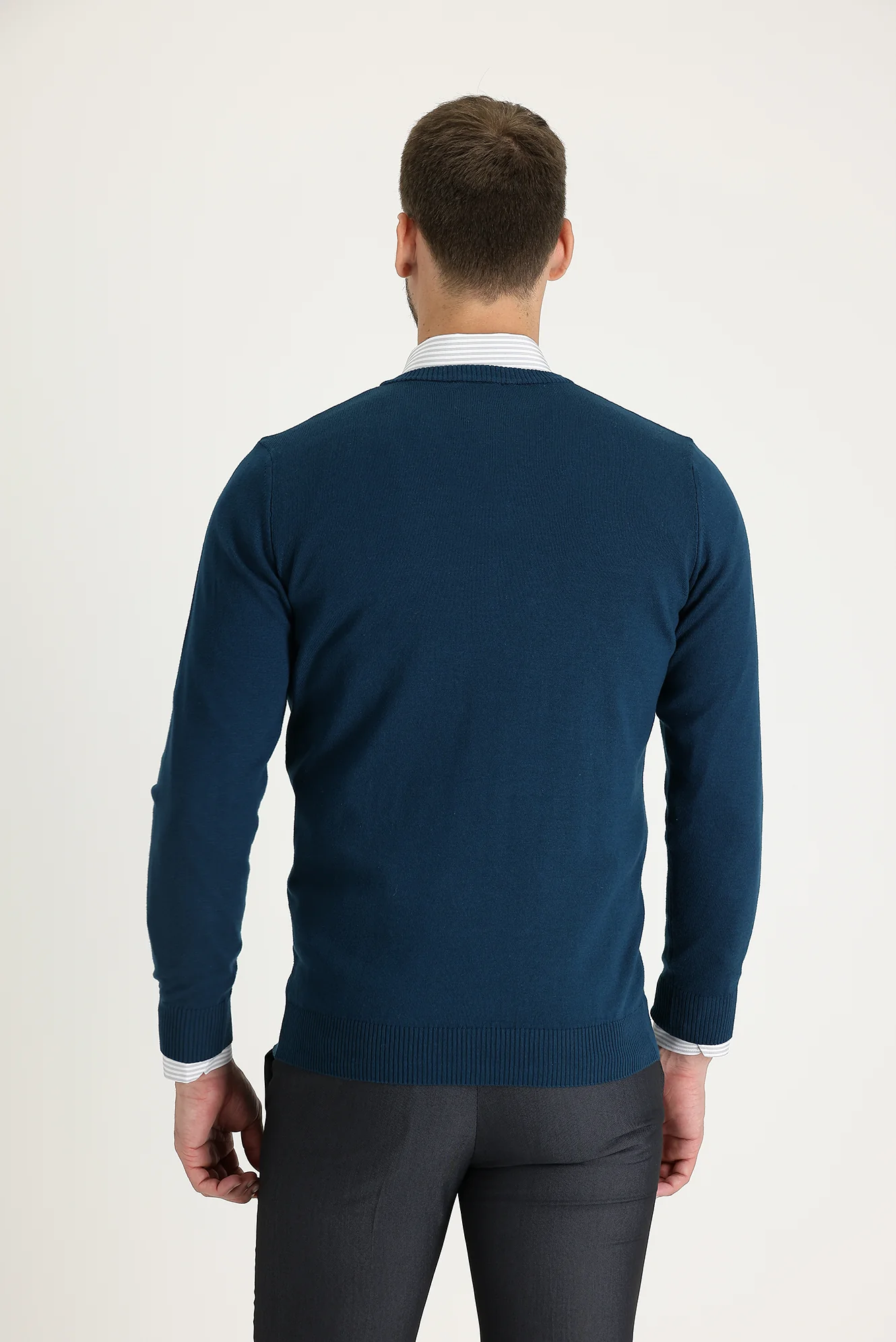Orta Petrol V Yaka Regular Fit Triko Kazak - Image 3