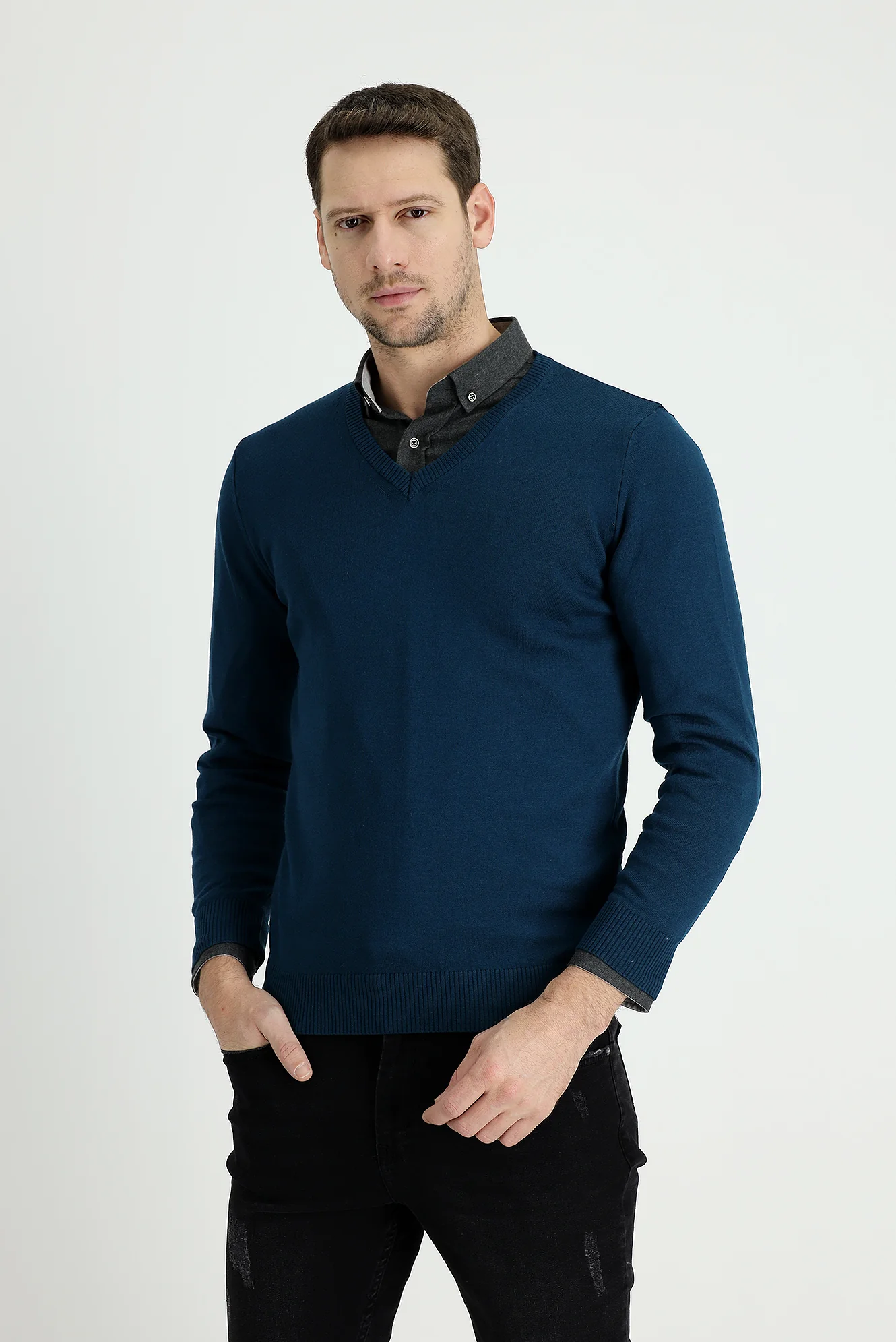 Orta Petrol V Yaka Slim Fit Dar Kesim Pamuklu Triko Kazak