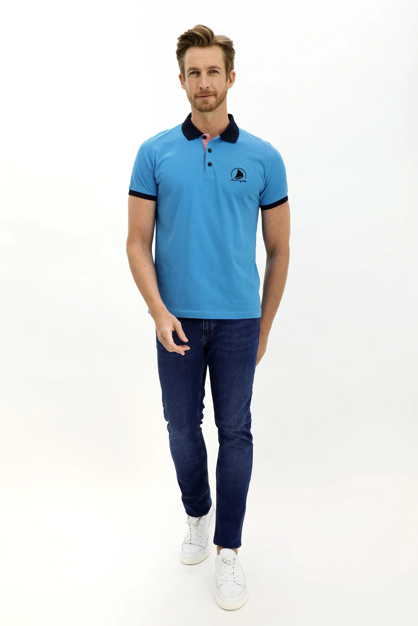 Orta Turkuaz Polo Yaka Slim Fit Dar Kesim Desenli Pamuk Tişört - Image 2