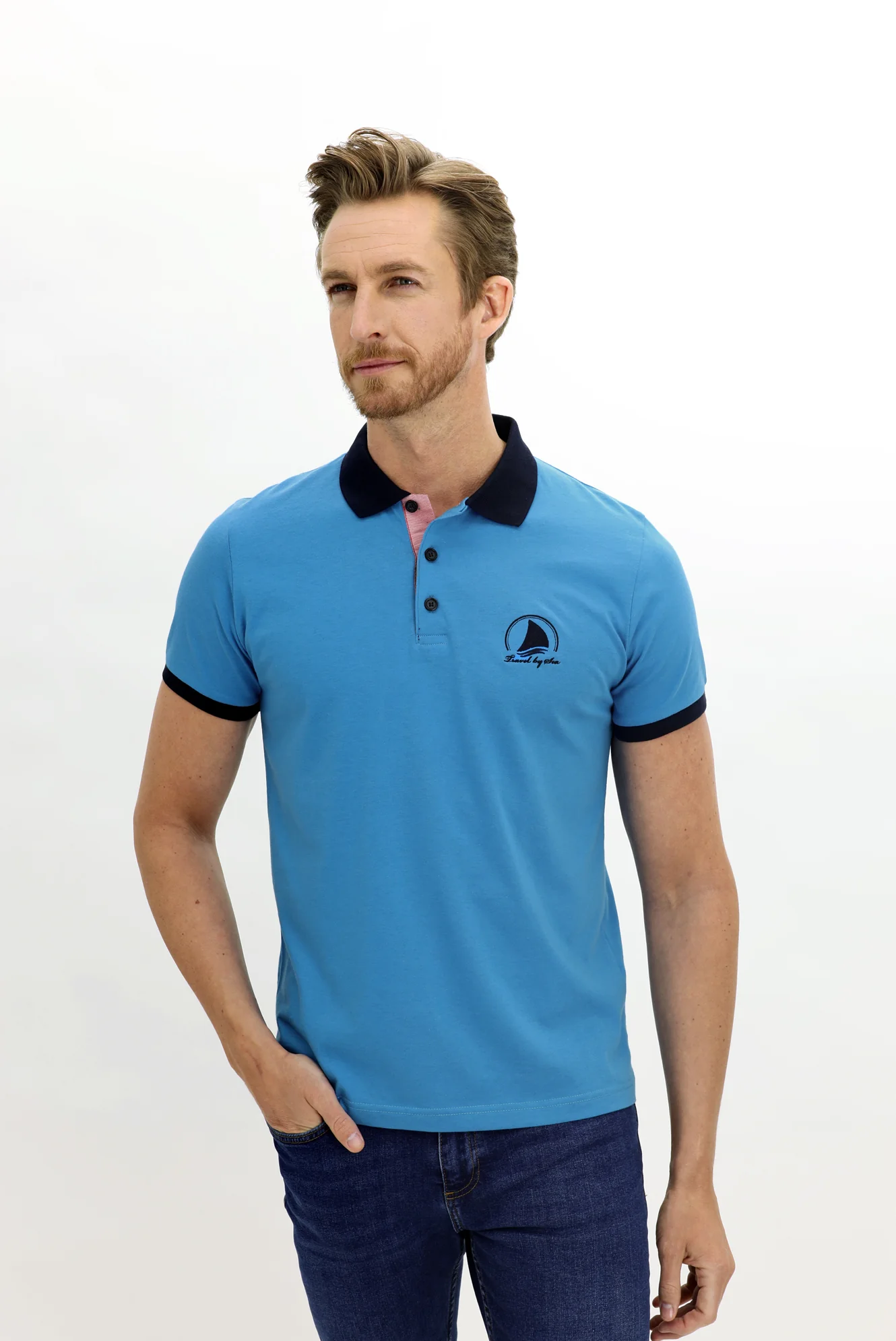 Orta Turkuaz Polo Yaka Slim Fit Dar Kesim Desenli Pamuk Tişört - Image 3