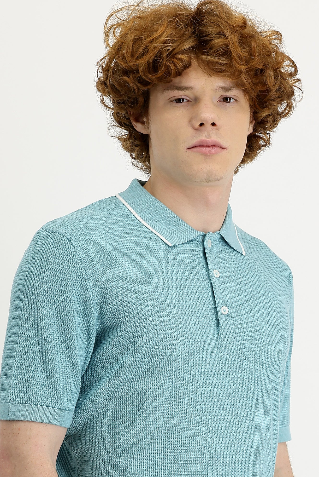 Orta Turkuaz Polo Yaka Slim Fit Dar Kesim Tişört