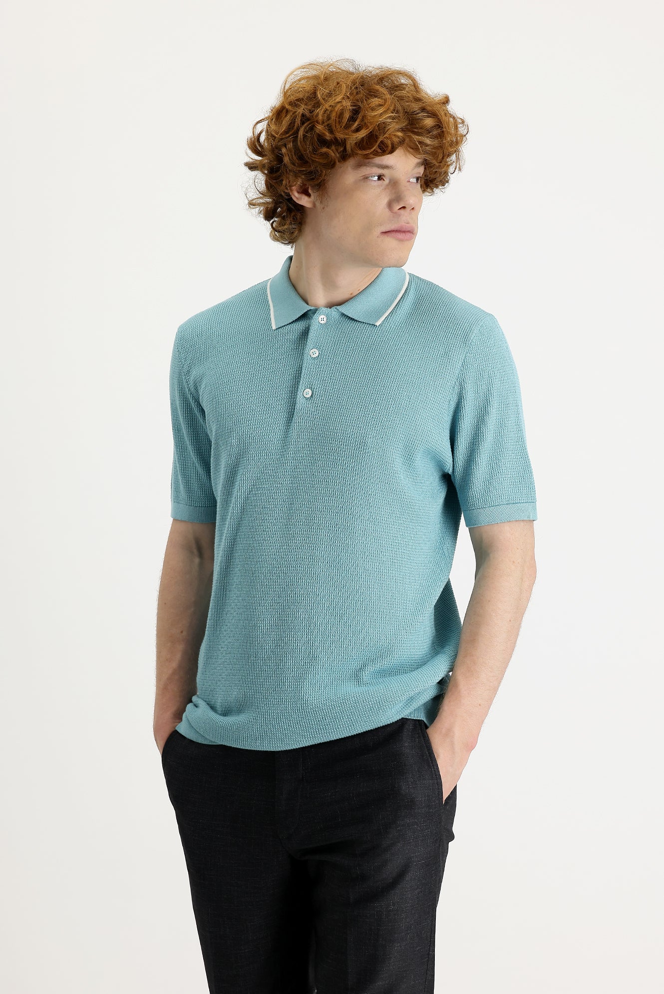 Orta Turkuaz Polo Yaka Slim Fit Dar Kesim Tişört - Image 2
