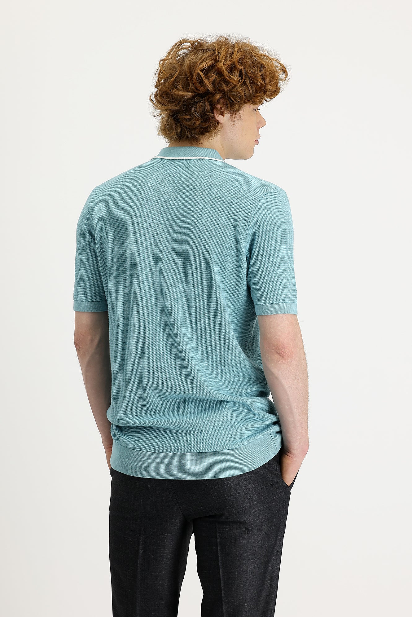 Orta Turkuaz Polo Yaka Slim Fit Dar Kesim Tişört - Image 3