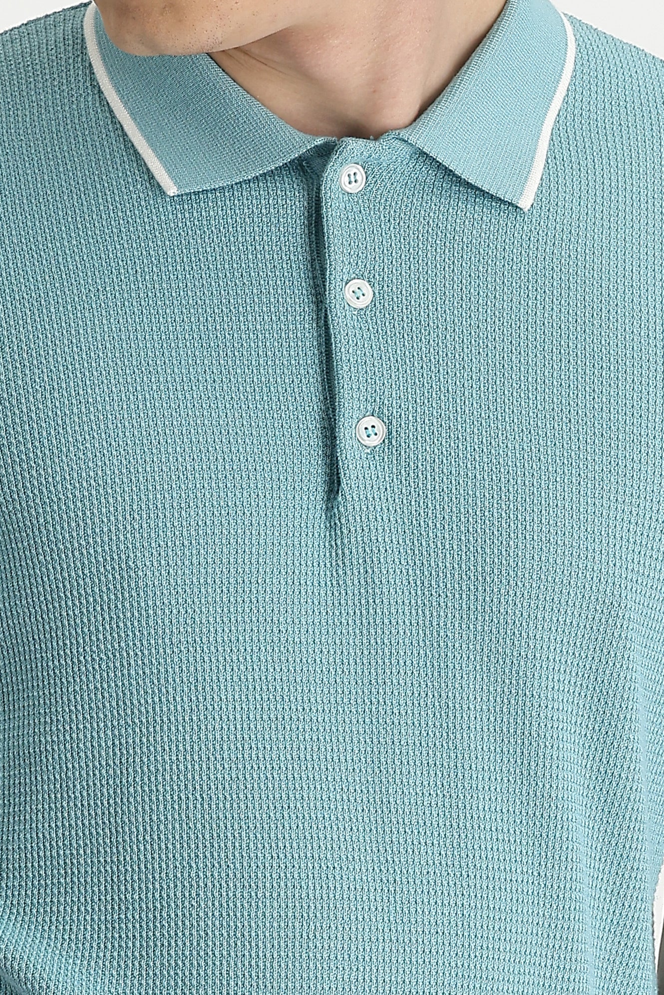 Orta Turkuaz Polo Yaka Slim Fit Dar Kesim Tişört - Image 4