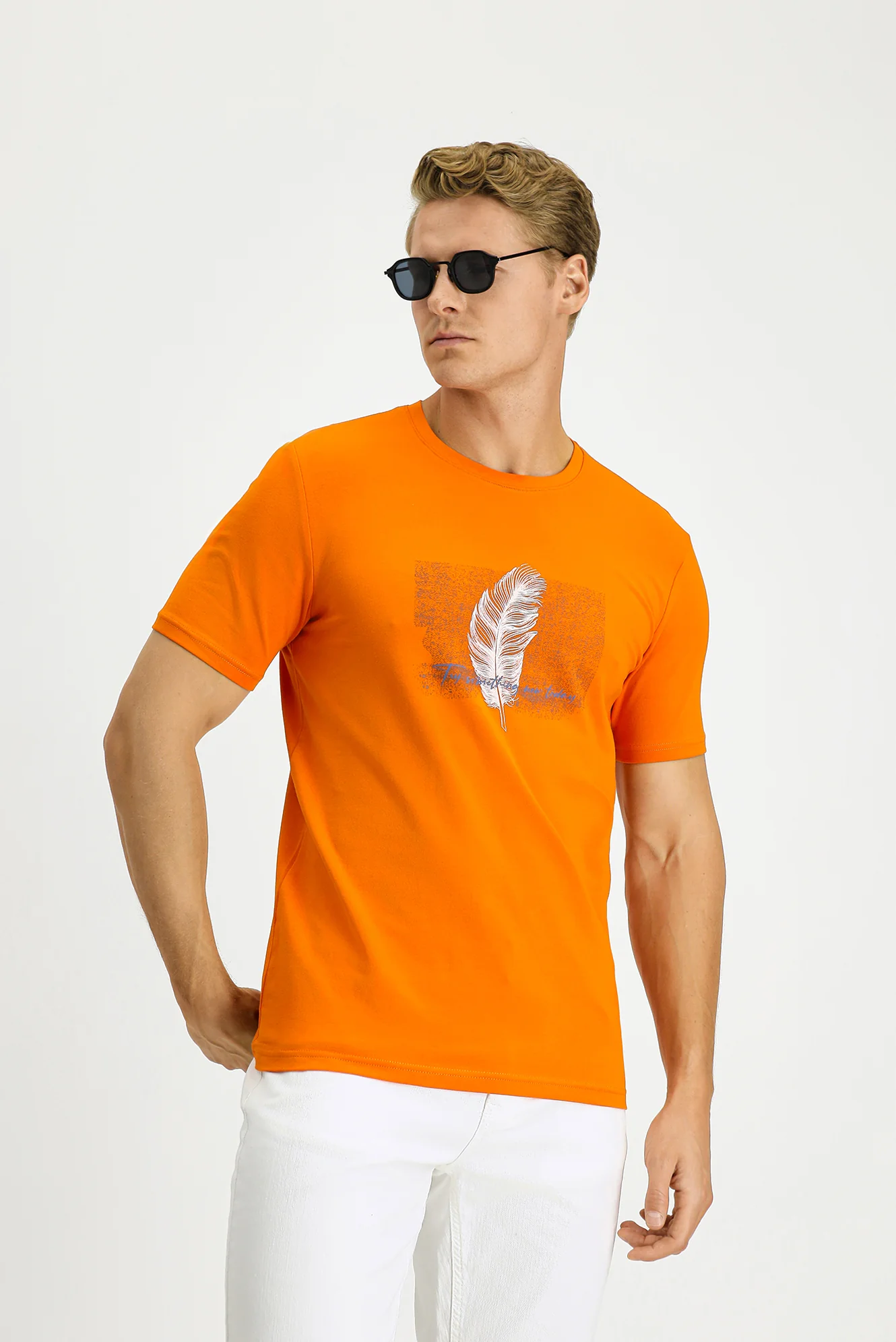 Orta Turuncu Bisiklet Yaka Slim Fit Dar Kesim Baskılı Pamuklu Tişört