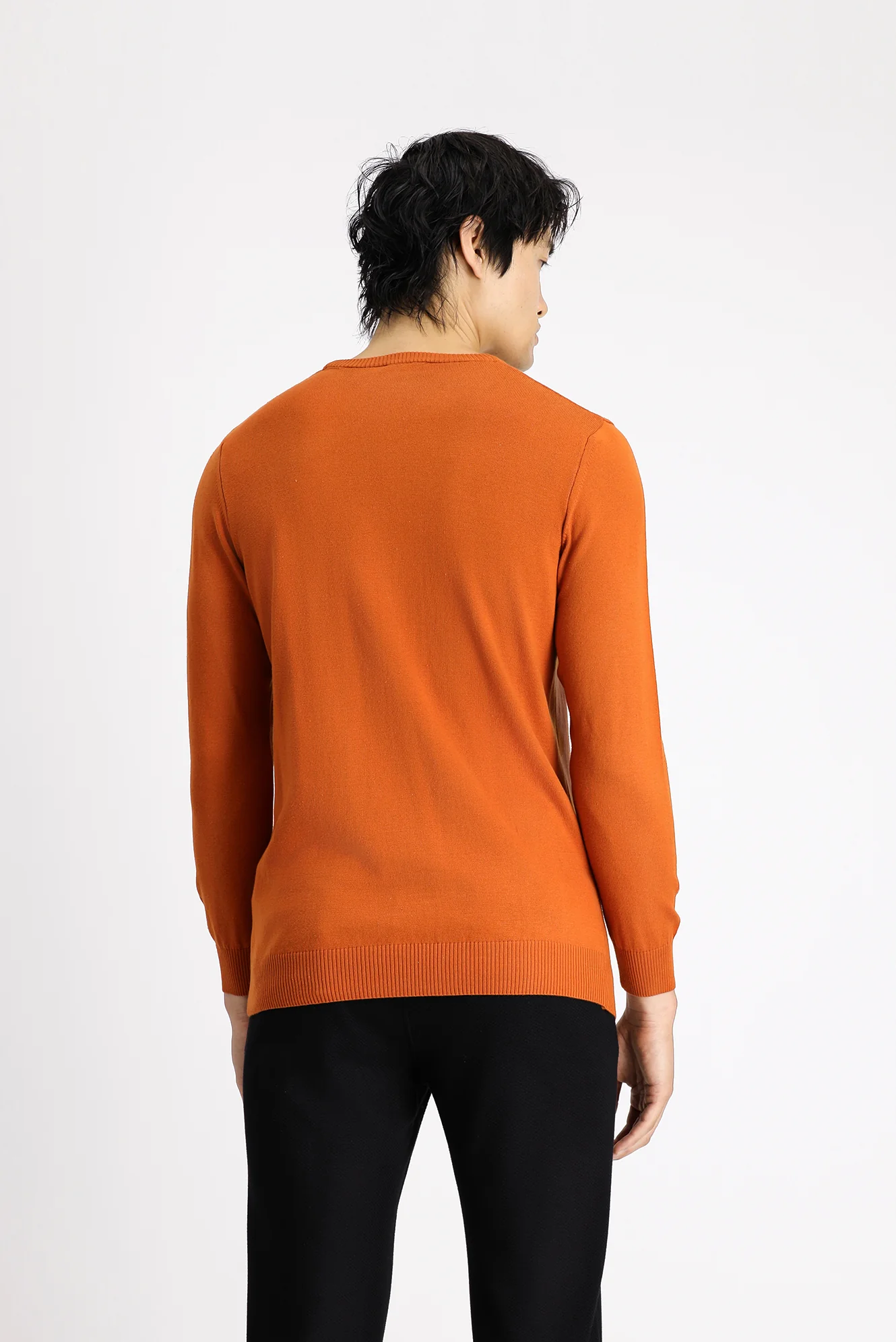 Orta Turuncu Bisiklet Yaka Slim Fit Dar Kesim Pamuklu Triko Kazak - Image 4