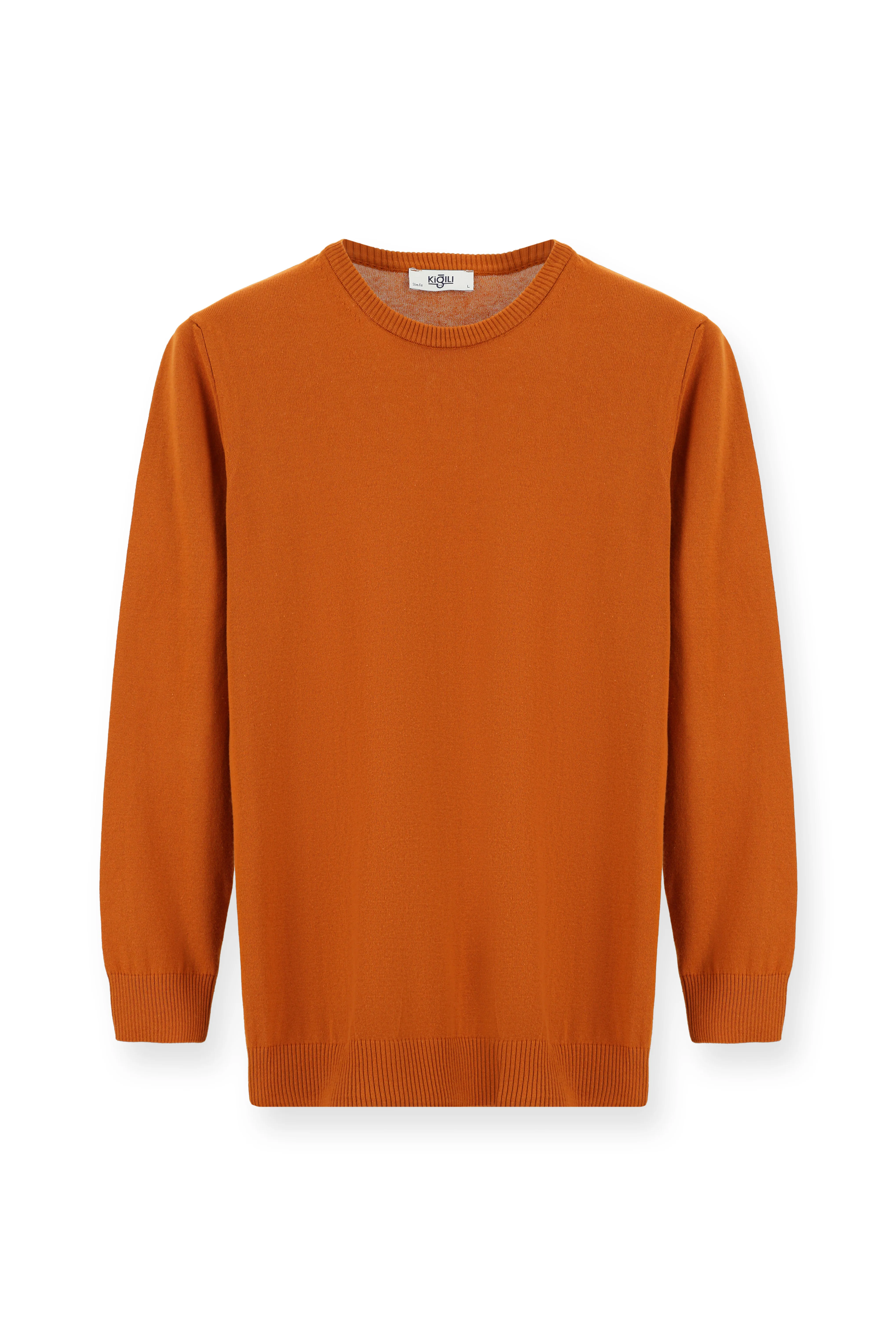 Orta Turuncu Bisiklet Yaka Slim Fit Dar Kesim Pamuklu Triko Kazak - Image 7