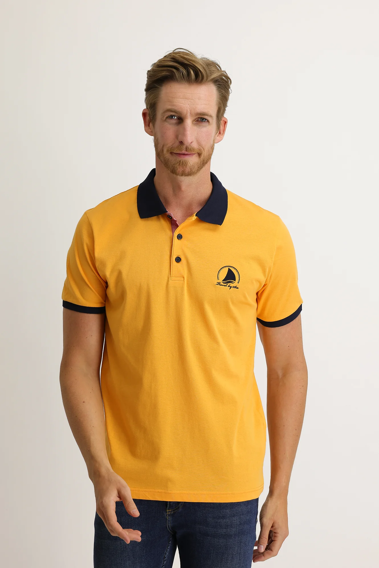 Orta Turuncu Polo Yaka Slim Fit Dar Kesim Desenli Pamuk Tişört - Image 2