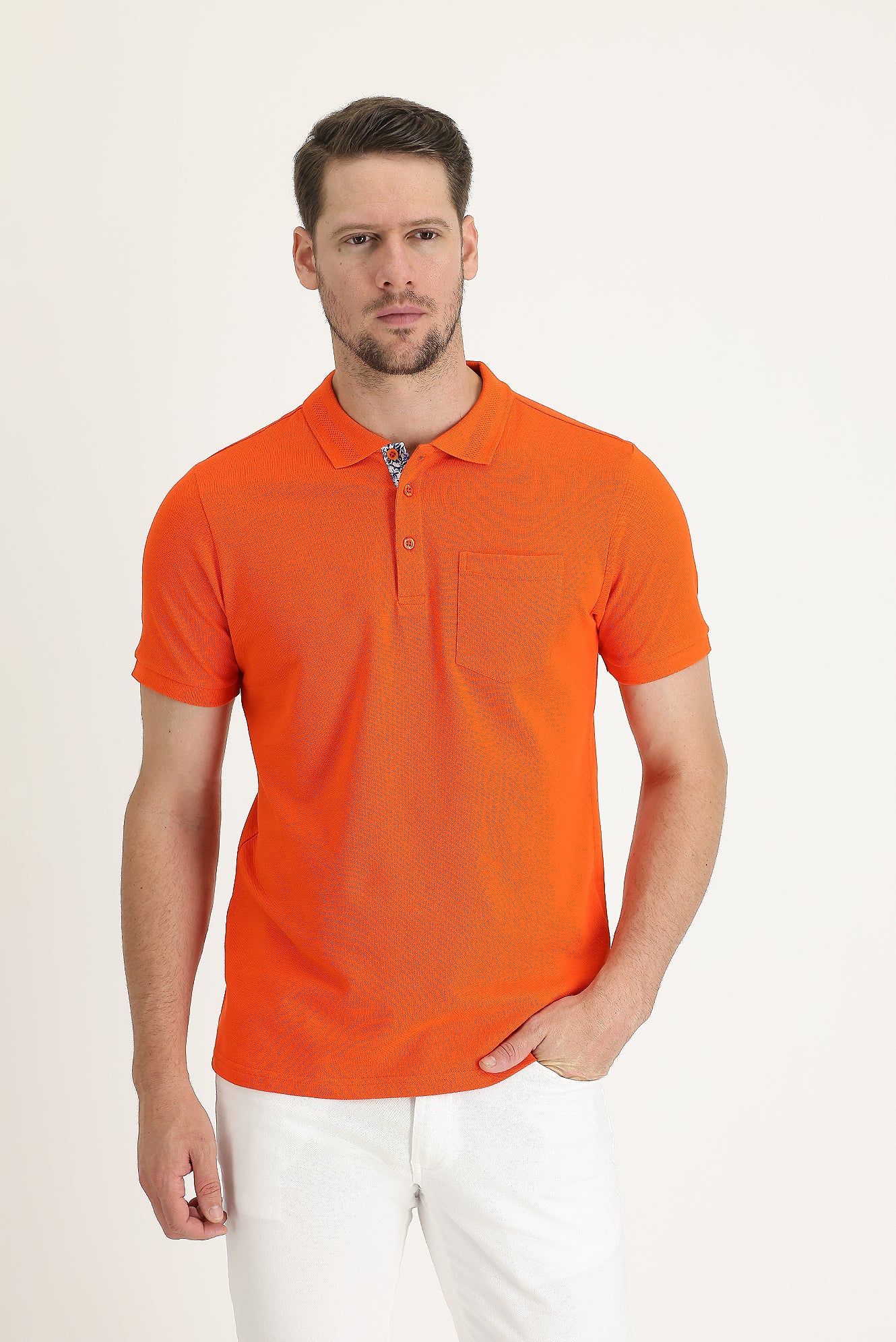 Orta Turuncu Polo Yaka Slim Fit Dar Kesim Pamuk Tişört - Image 2