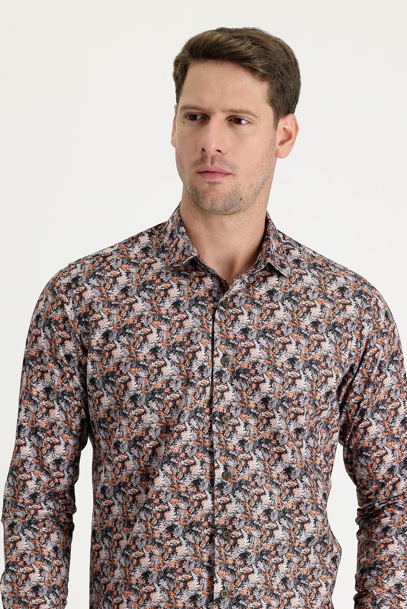 Orta Turuncu Uzun Kol Slim Fit Dar Kesim Baskılı Pamuk Gömlek