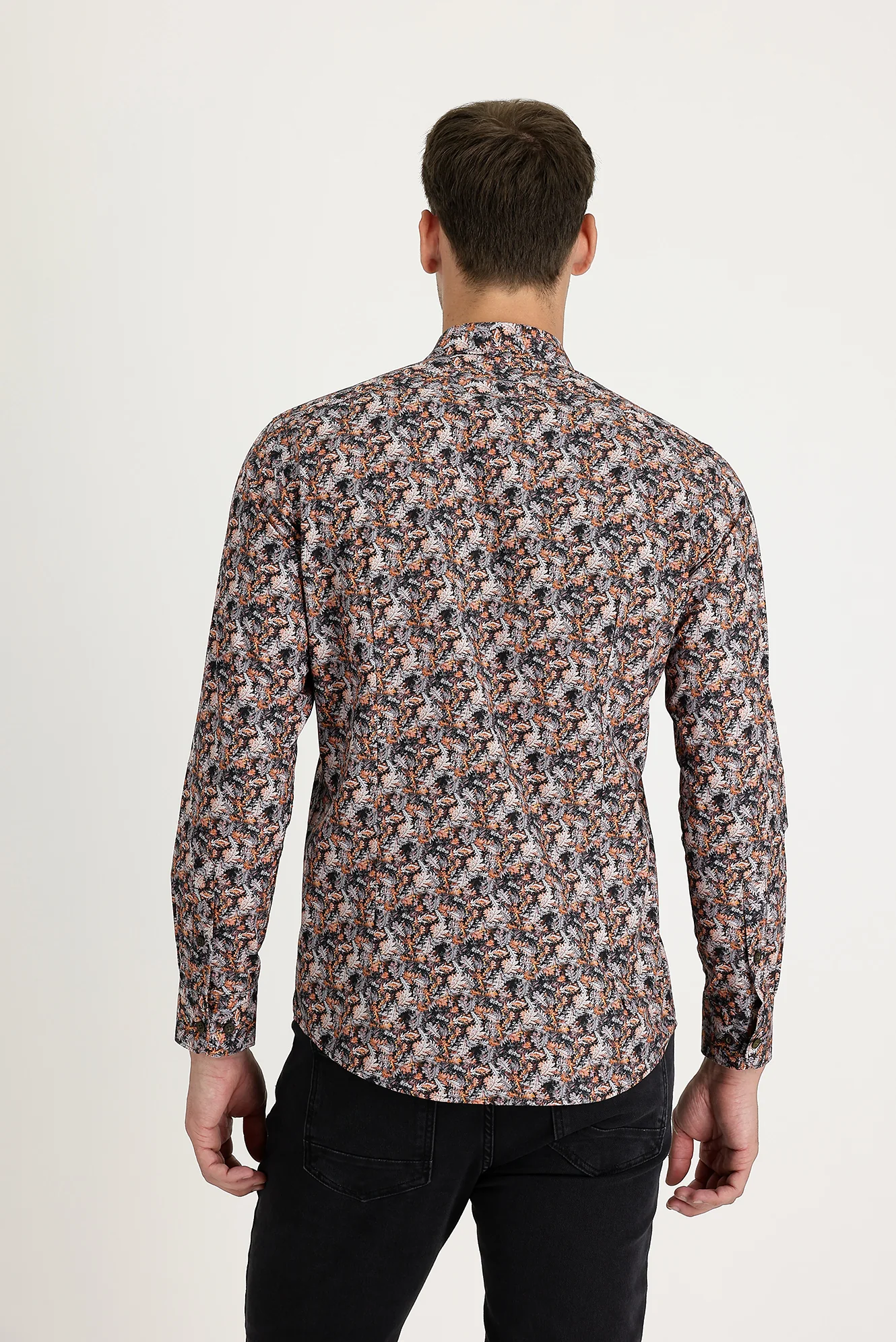 Orta Turuncu Uzun Kol Slim Fit Dar Kesim Baskılı Pamuk Gömlek - Image 3